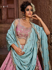 Pink Embroidered Lehenga Choli with Aqua Blue Dupatta – Bridal Party Wear Set