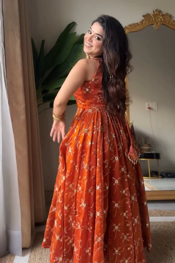 Classy Orange Pure Tissue Silk Anarkali Set with Hand Embroidery