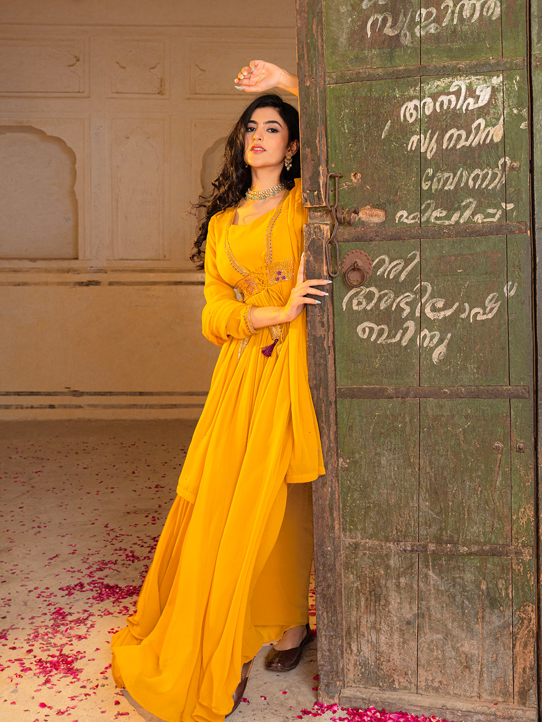 Mustard Yellow Anarkali Gown with Embroidered Waistline and Matching Dupatta