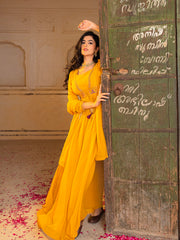 Mustard Yellow Anarkali Gown with Embroidered Waistline and Matching Dupatta