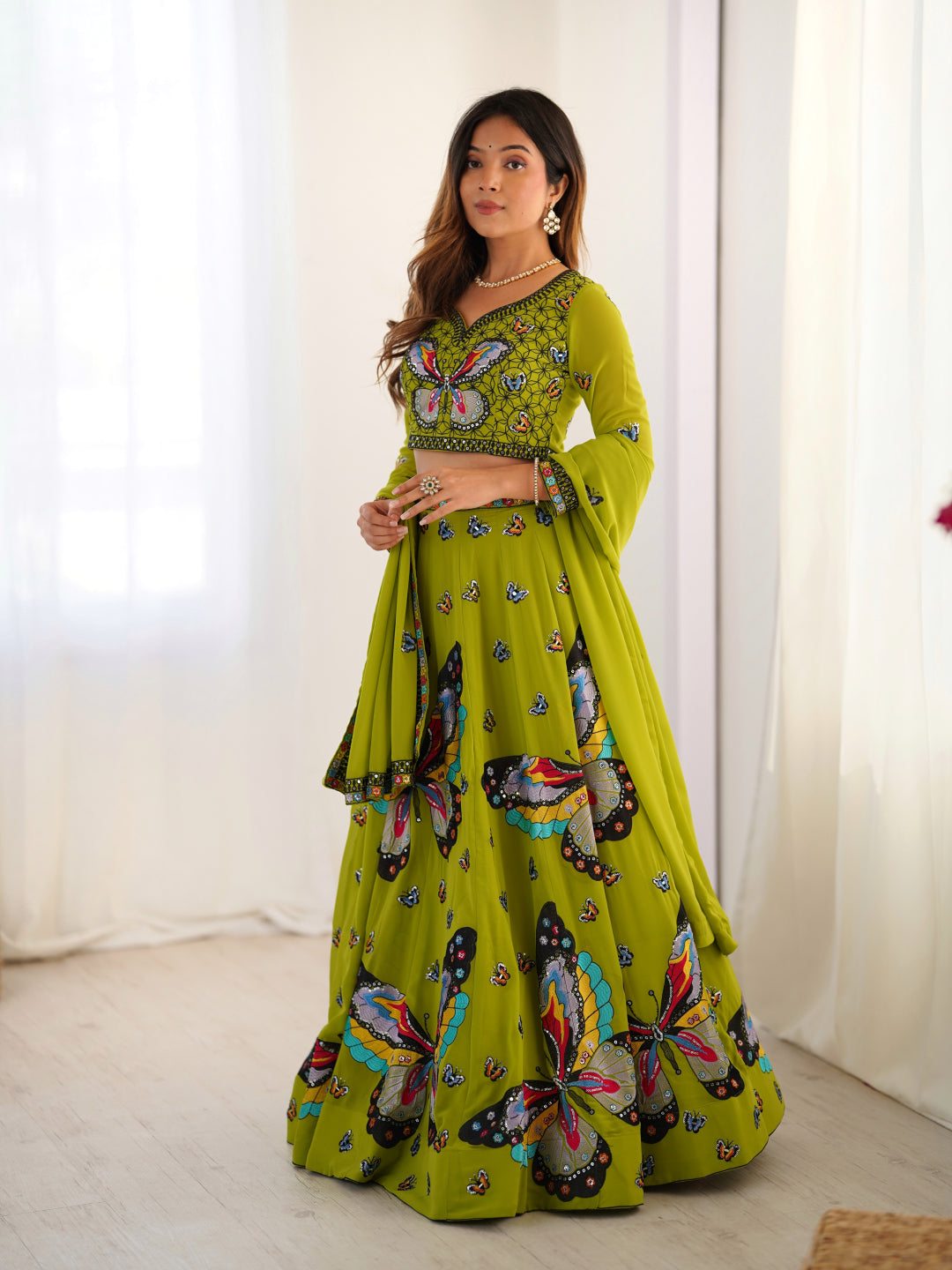 Olive Green Butterfly Print Embroidered Lehenga Choli Set