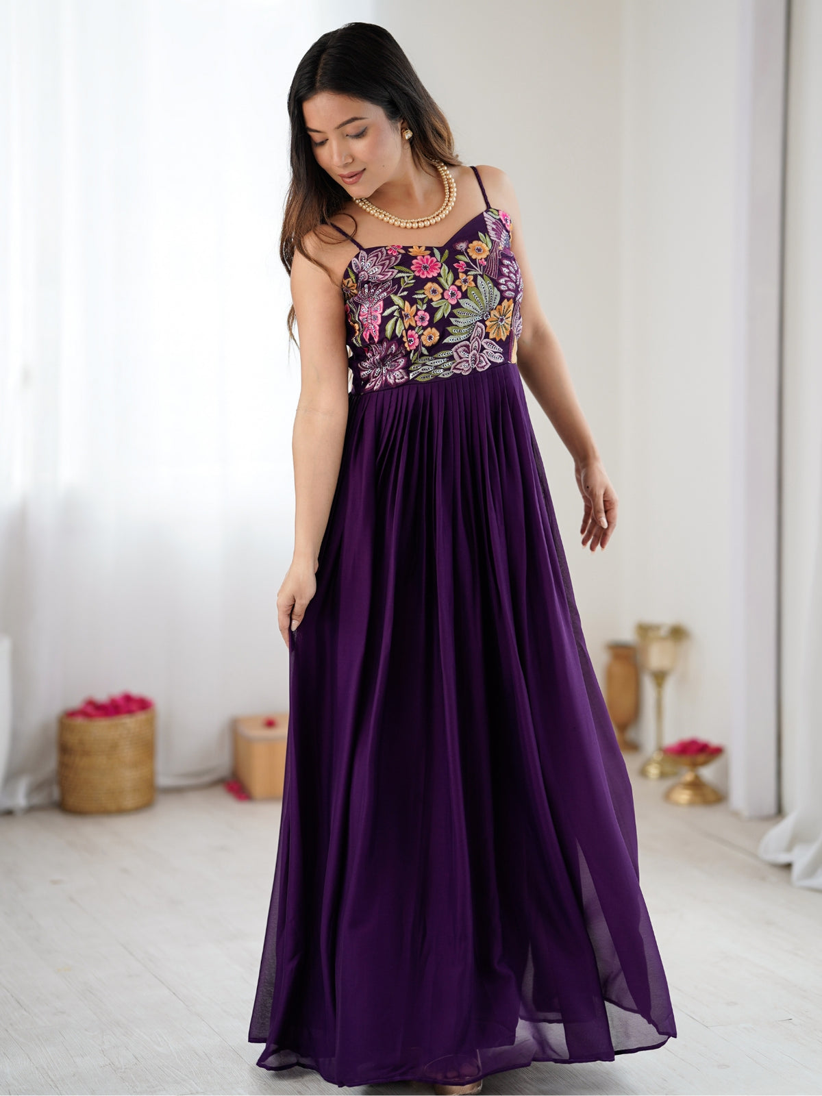 Purple Floral Embroidered Strappy Maxi Gown