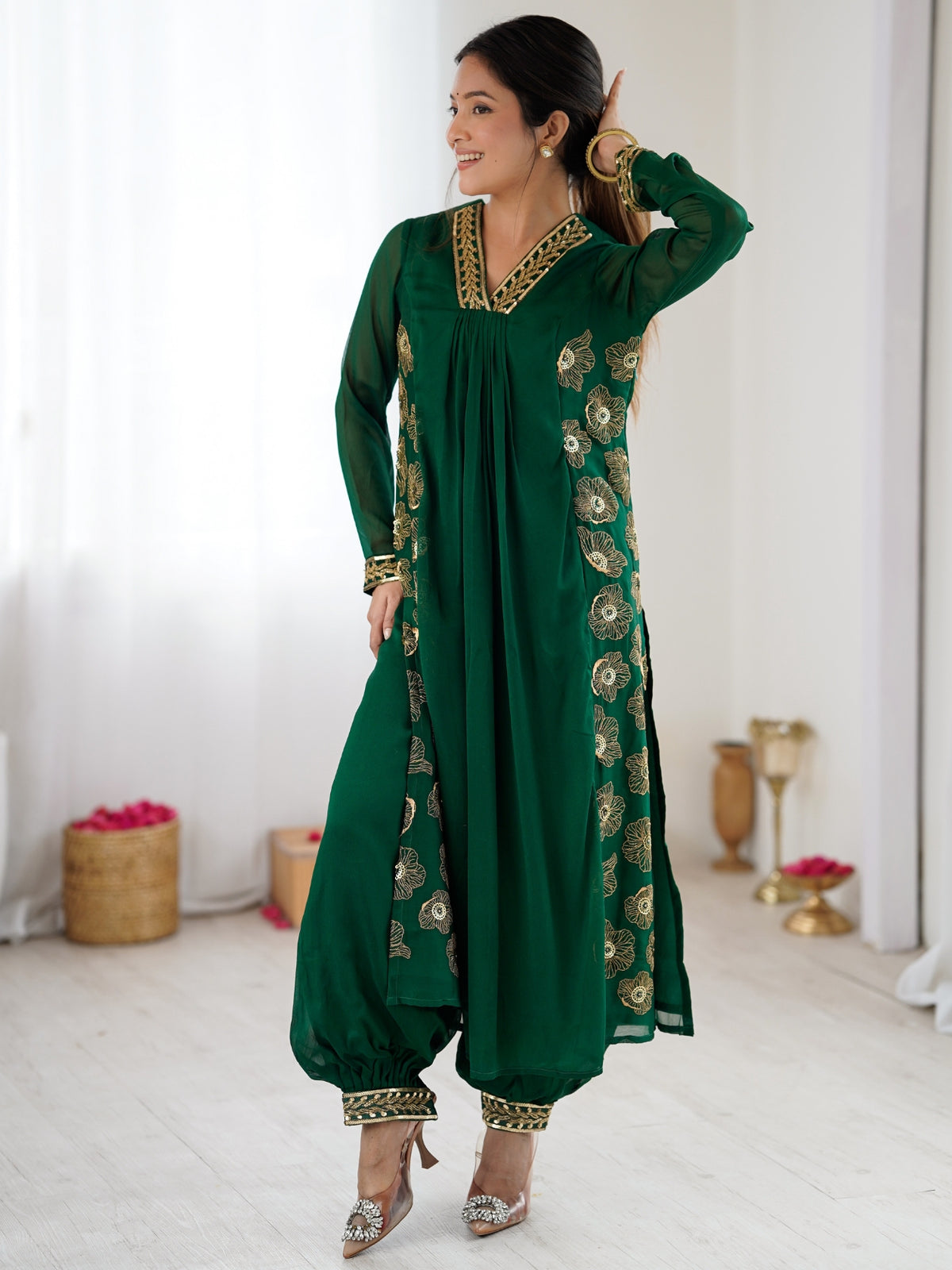 Emerald Green Embroidered Kurta Pant Set for Women