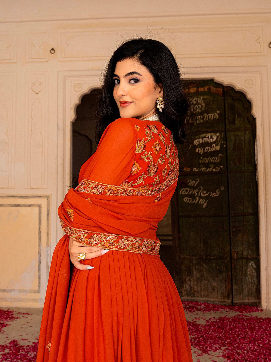 Rust Orange Anarkali Gown with Gold Embroidery and Matching Dupatta