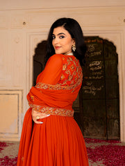Rust Orange Anarkali Gown with Gold Embroidery and Matching Dupatta