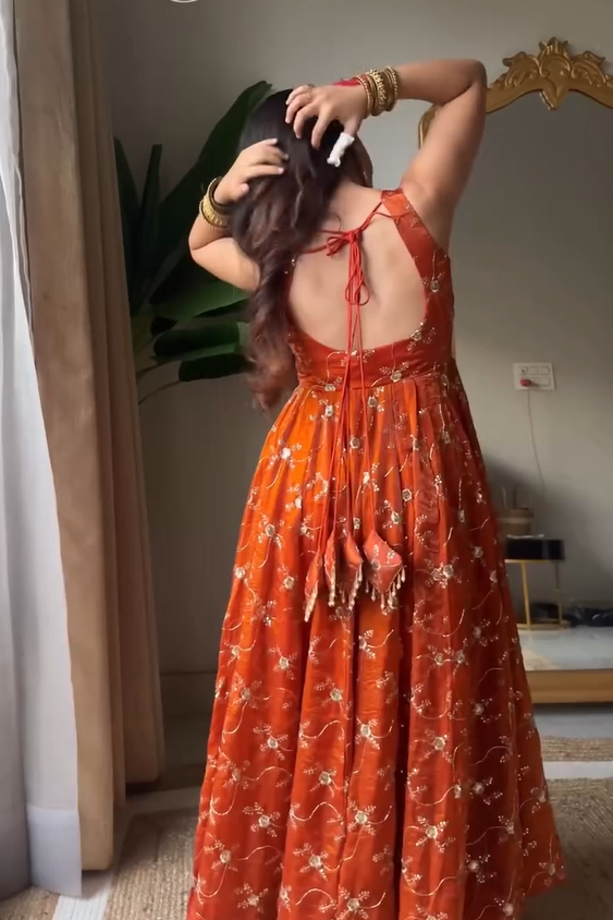 Classy Orange Pure Tissue Silk Anarkali Set with Hand Embroidery