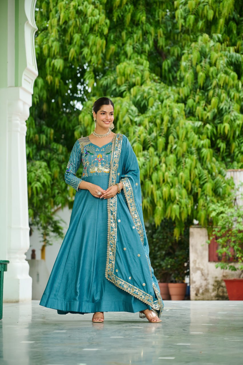 Graceful Sequins & Zari Embroidered Vichitra Silk Gown