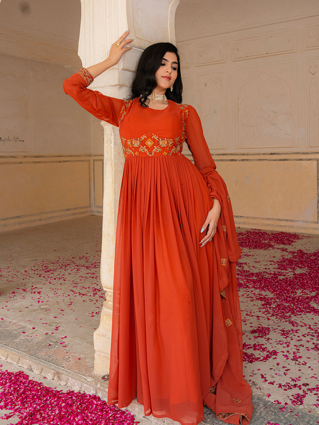 Rust Orange Anarkali Gown with Gold Embroidery and Matching Dupatta
