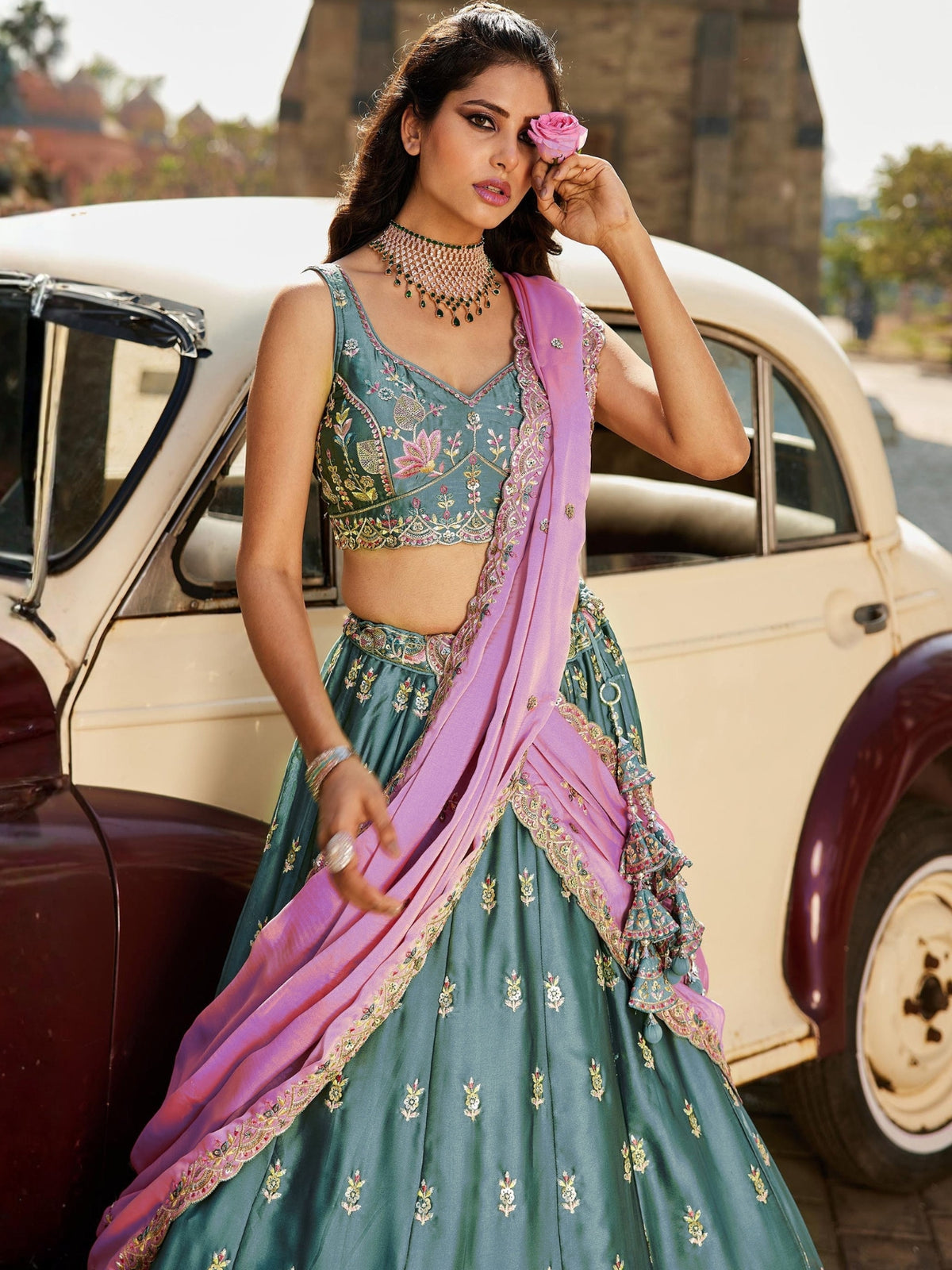 ROYAL TEAL BLUE RANGOLI SILK LEHENGA SET