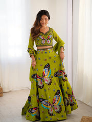 Olive Green Butterfly Print Embroidered Lehenga Choli Set