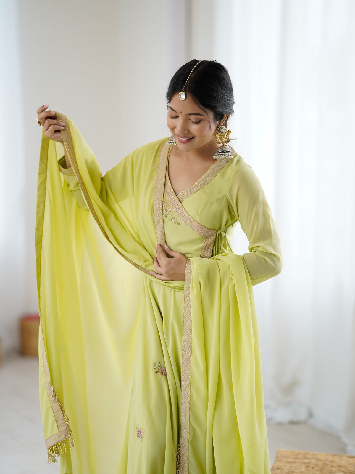 Lime Green Embroidered Anarkali Suit with Dupatta for Women