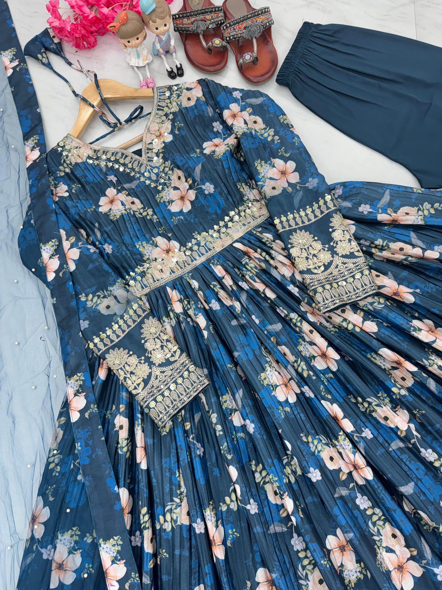 Lovely Floral Digital Printed Sequins Embroidered Crush Chinon Silk Suit - Ethnicwish