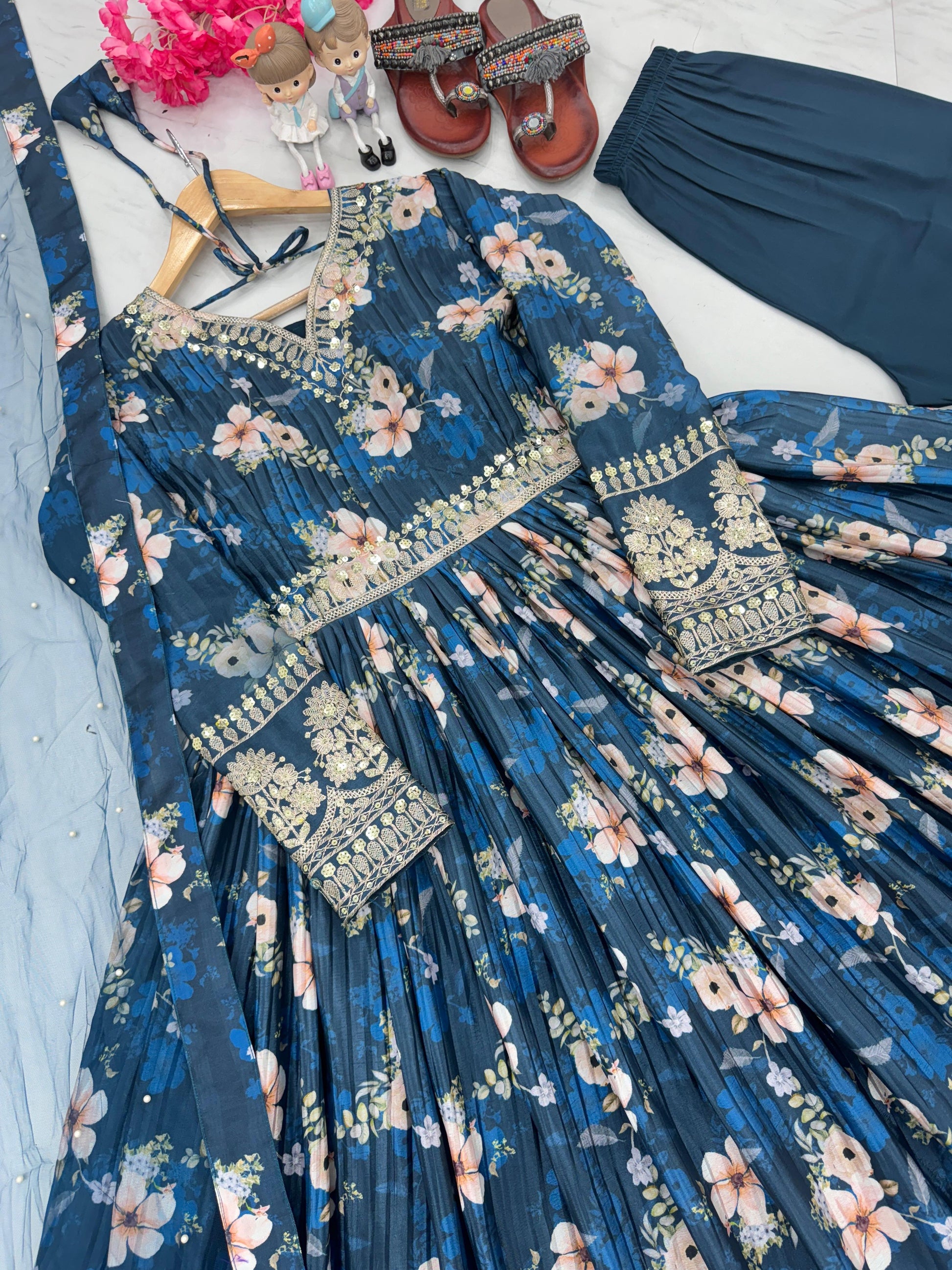 Lovely Floral Digital Printed Sequins Embroidered Crush Chinon Silk Suit - Ethnicwish