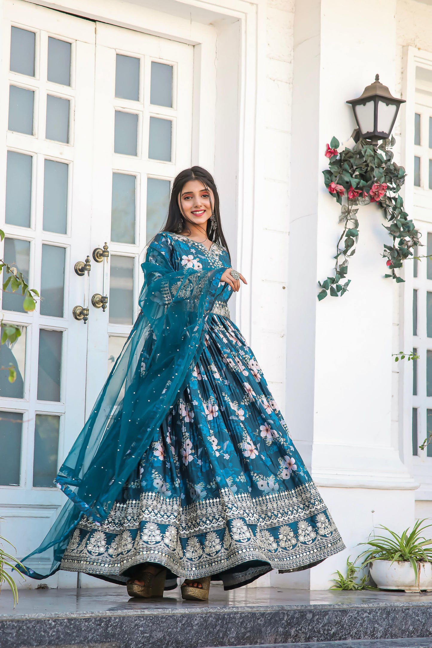 Lovely Floral Digital Printed Sequins Embroidered Crush Chinon Silk Suit - Ethnicwish