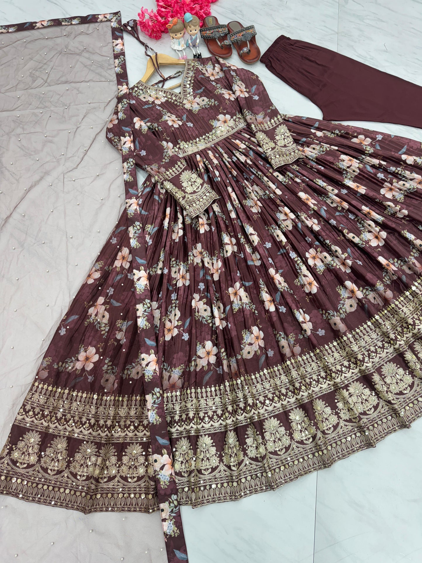 Lovely Floral Digital Printed Sequins Embroidered Crush Chinon Silk Suit - Ethnicwish