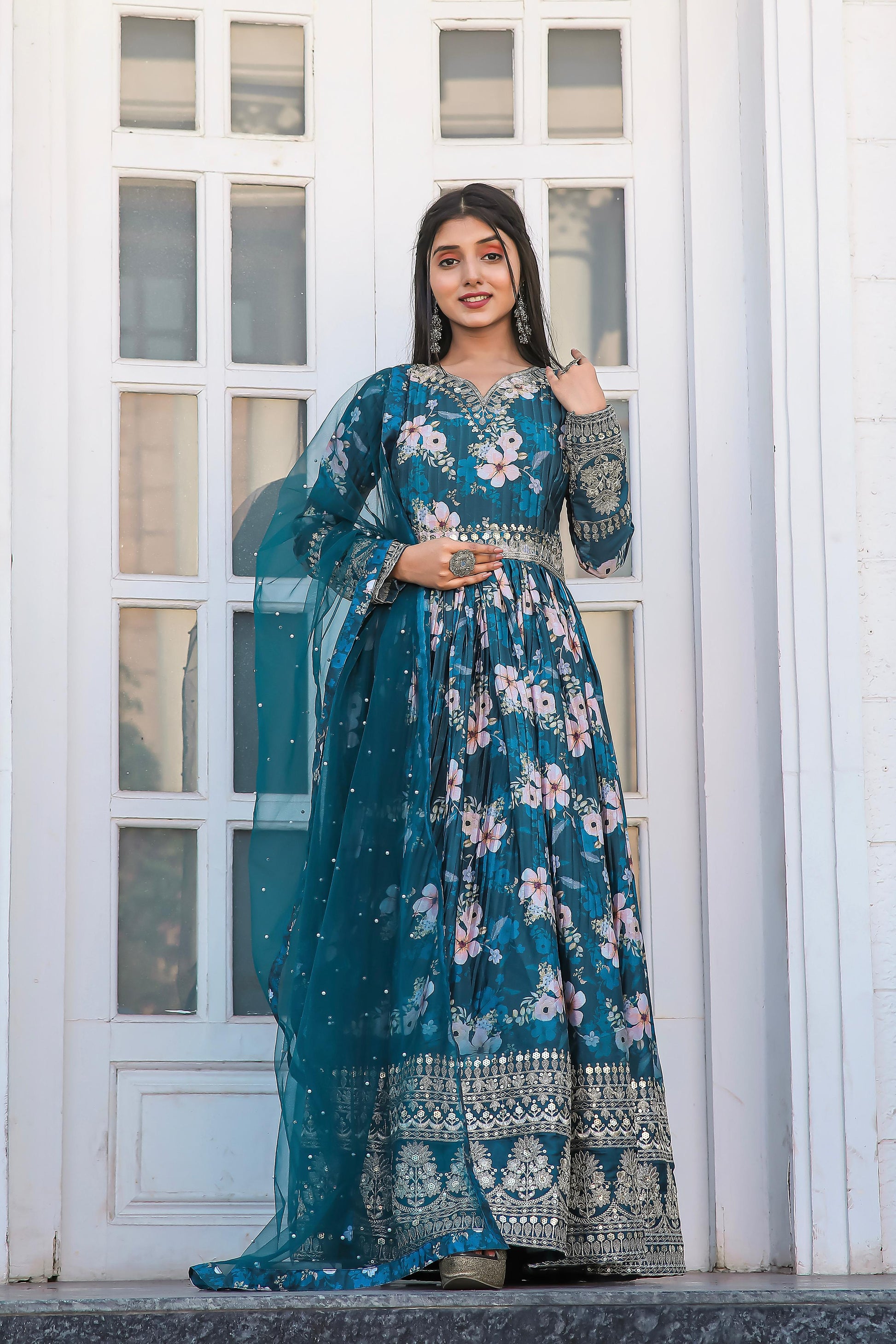 Lovely Floral Digital Printed Sequins Embroidered Crush Chinon Silk Suit - Ethnicwish