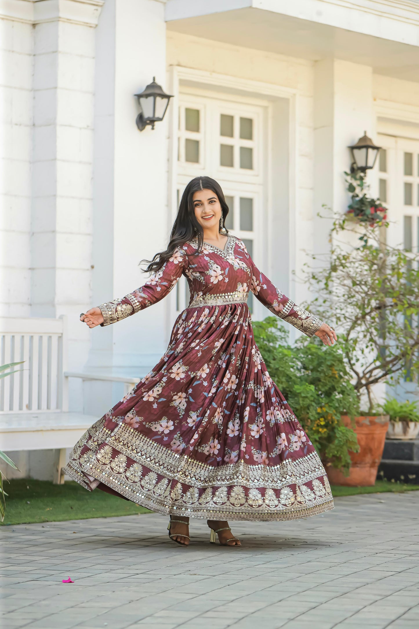 Lovely Floral Digital Printed Sequins Embroidered Crush Chinon Silk Suit - Ethnicwish