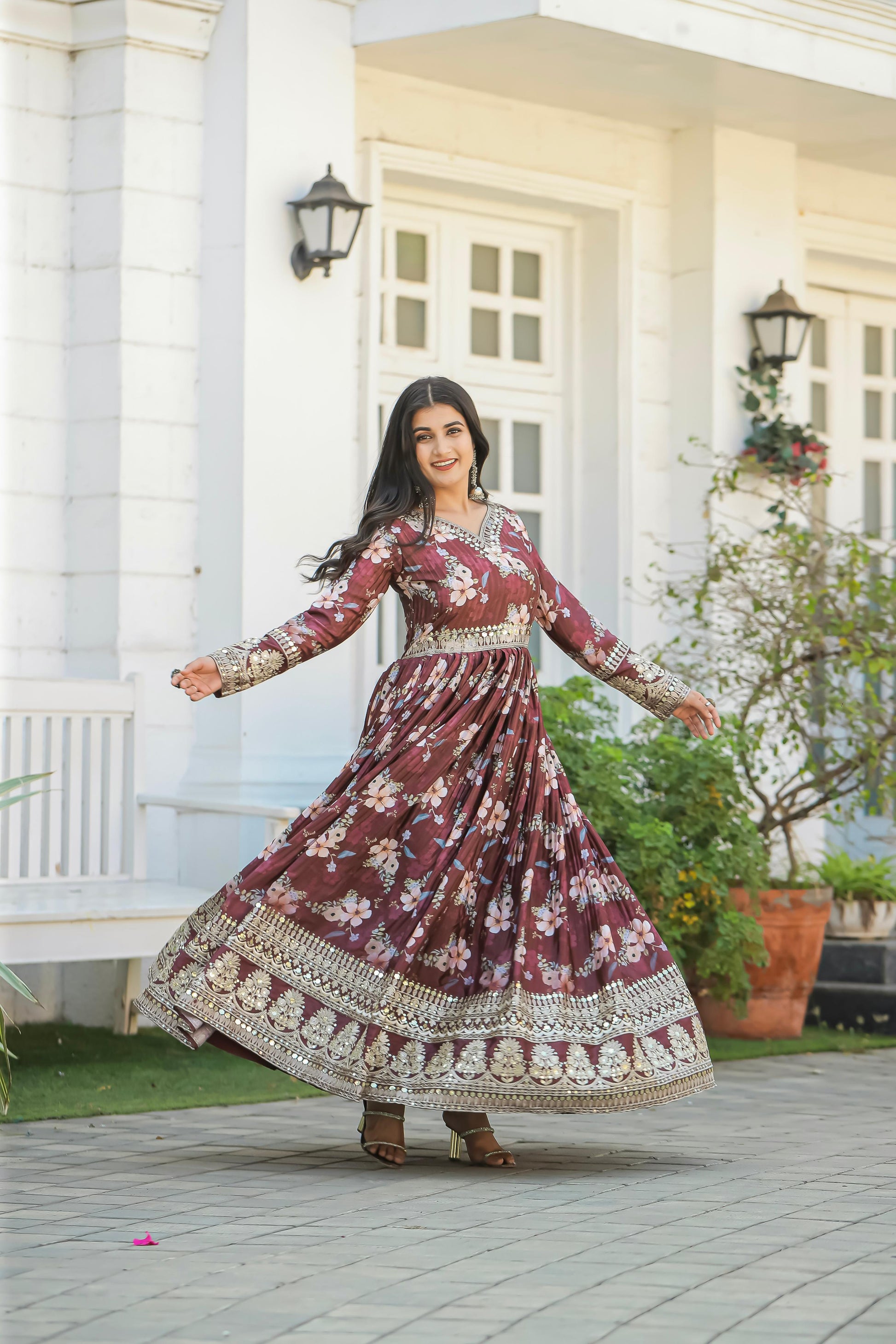 Lovely Floral Digital Printed Sequins Embroidered Crush Chinon Silk Suit - Ethnicwish