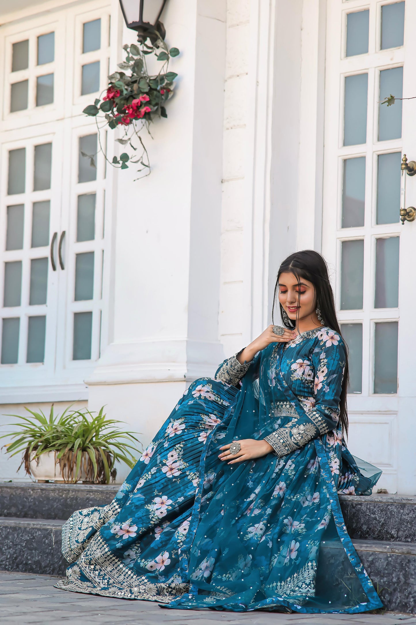 Lovely Floral Digital Printed Sequins Embroidered Crush Chinon Silk Suit - Ethnicwish