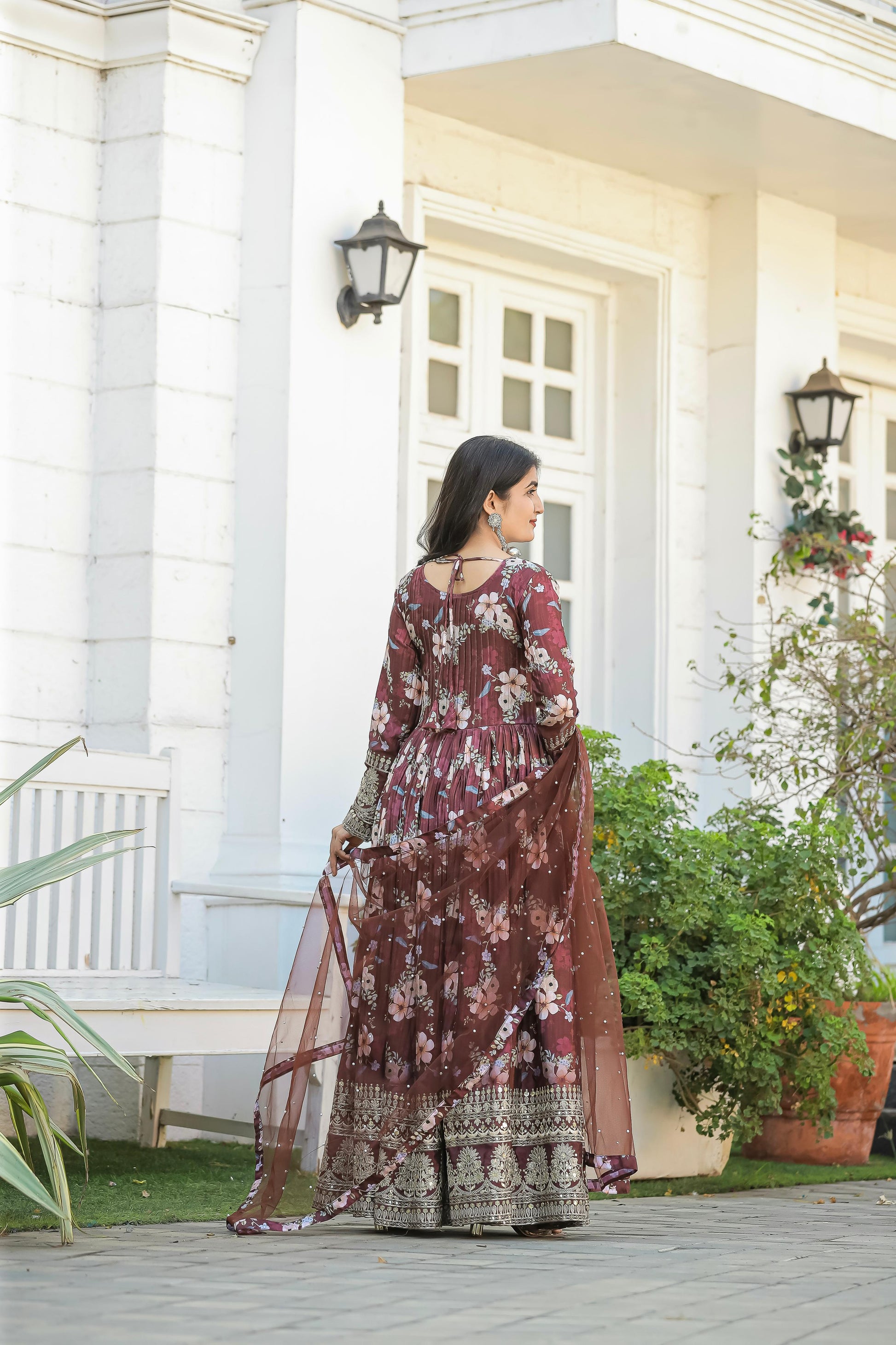 Lovely Floral Digital Printed Sequins Embroidered Crush Chinon Silk Suit - Ethnicwish