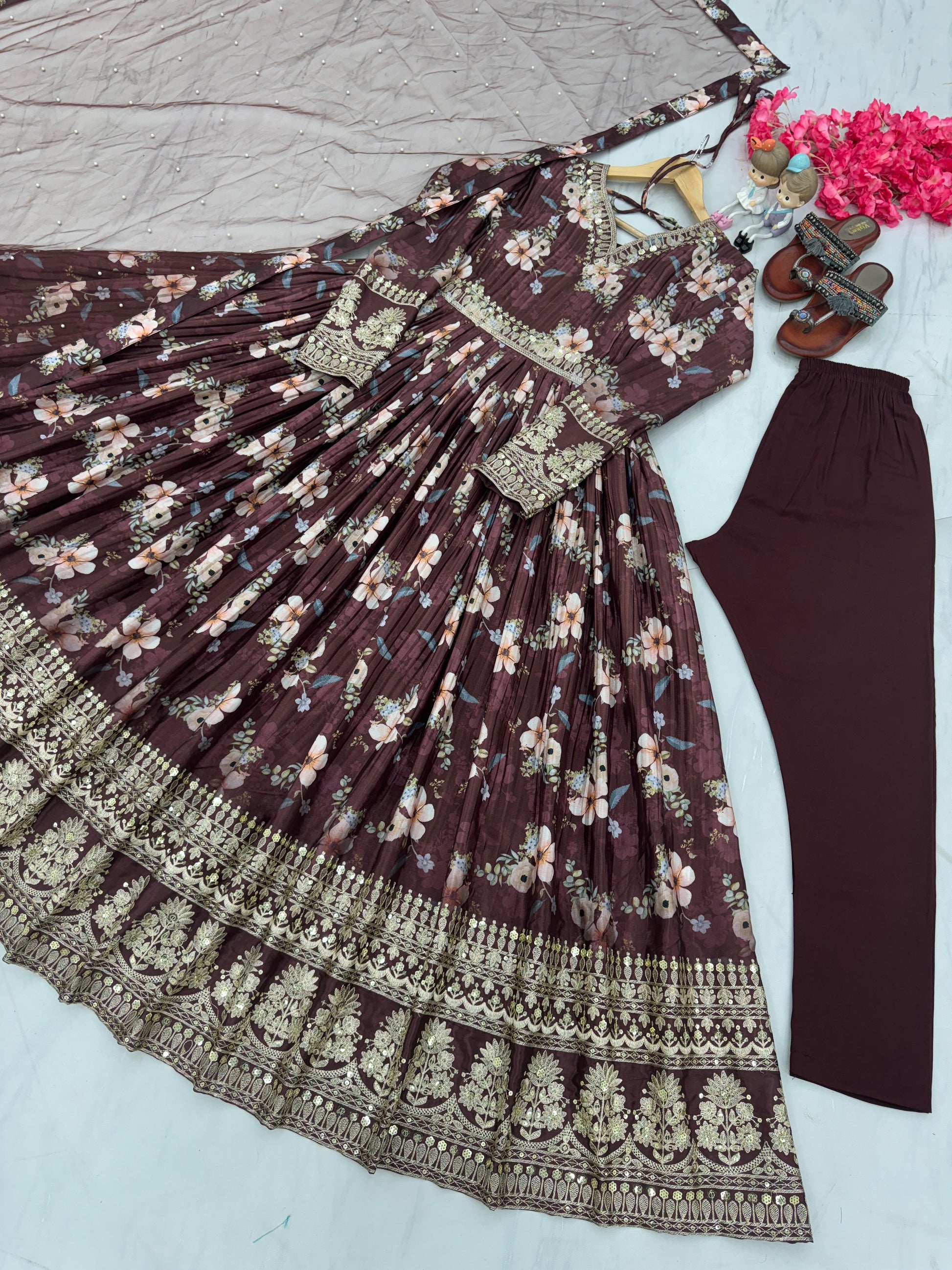 Lovely Floral Digital Printed Sequins Embroidered Crush Chinon Silk Suit - Ethnicwish