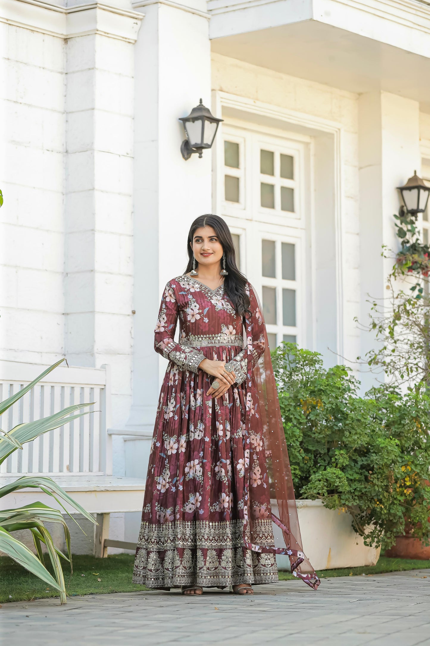 Lovely Floral Digital Printed Sequins Embroidered Crush Chinon Silk Suit - Ethnicwish