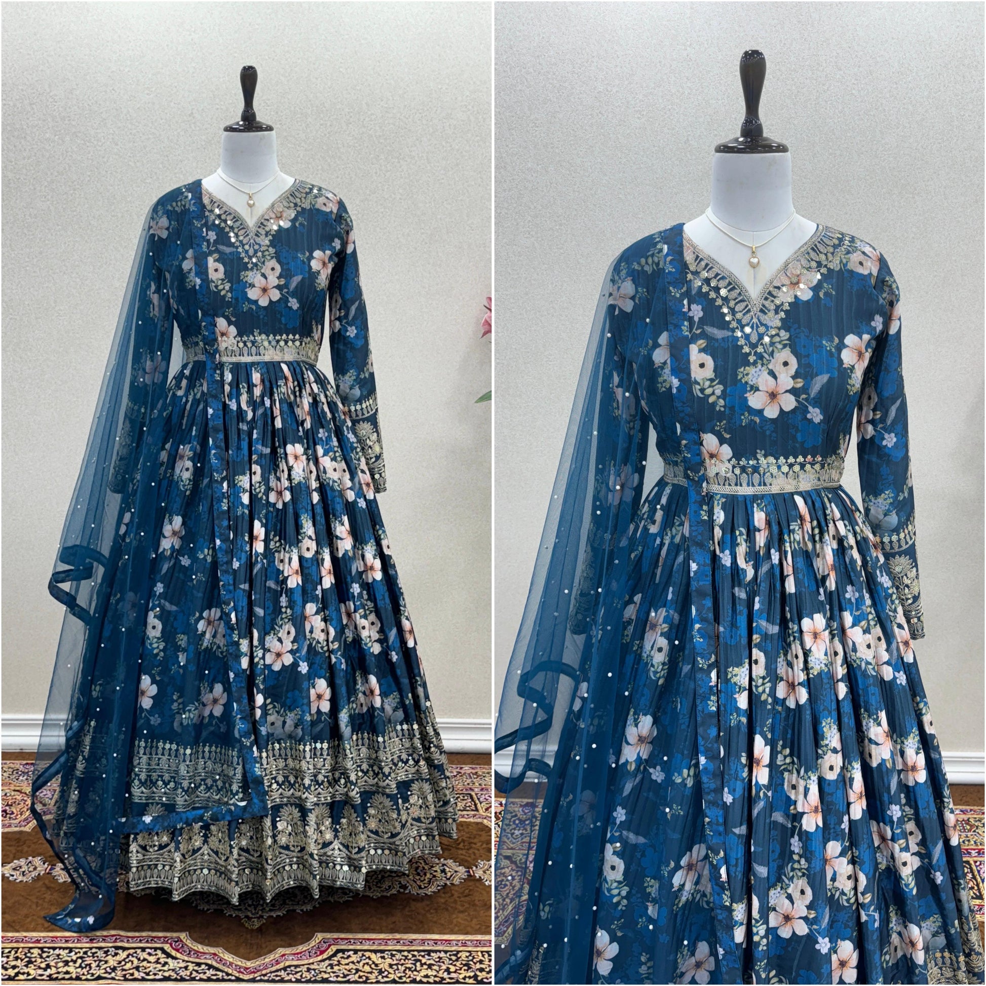 Lovely Floral Digital Printed Sequins Embroidered Crush Chinon Silk Suit - Ethnicwish