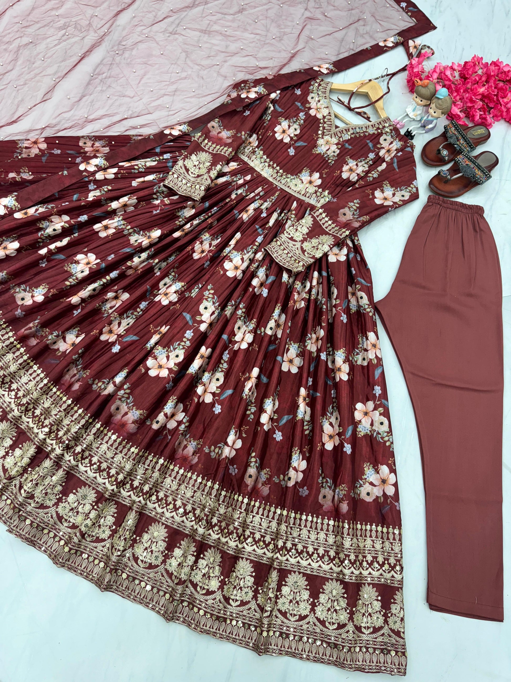 Lovely Floral Digital Printed Sequins Embroidered Crush Chinon Silk Suit - Ethnicwish