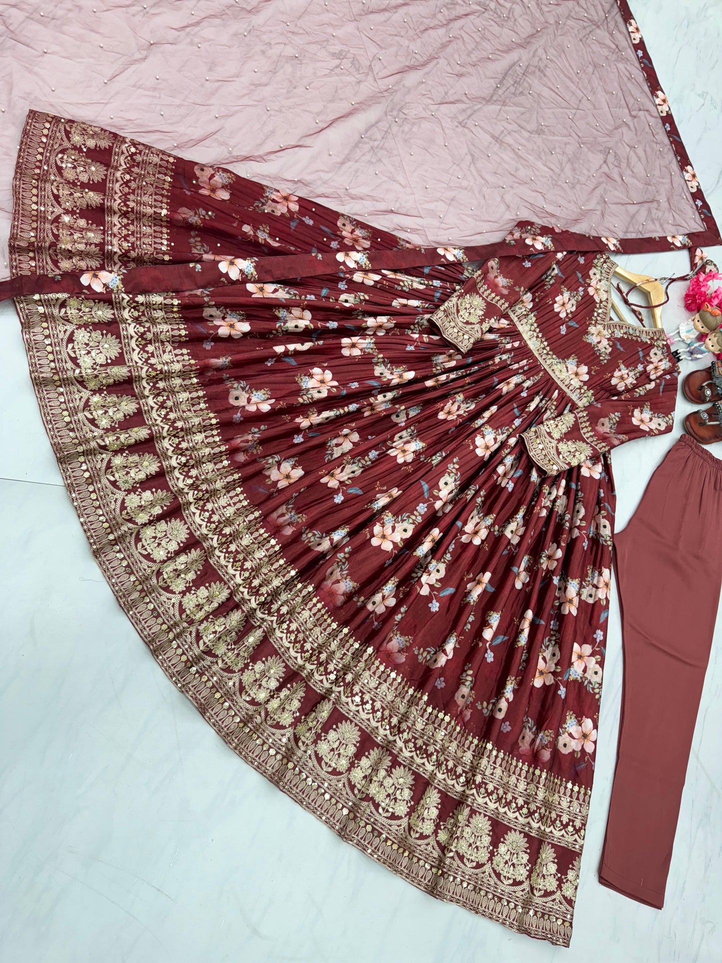 Lovely Floral Digital Printed Sequins Embroidered Crush Chinon Silk Suit - Ethnicwish