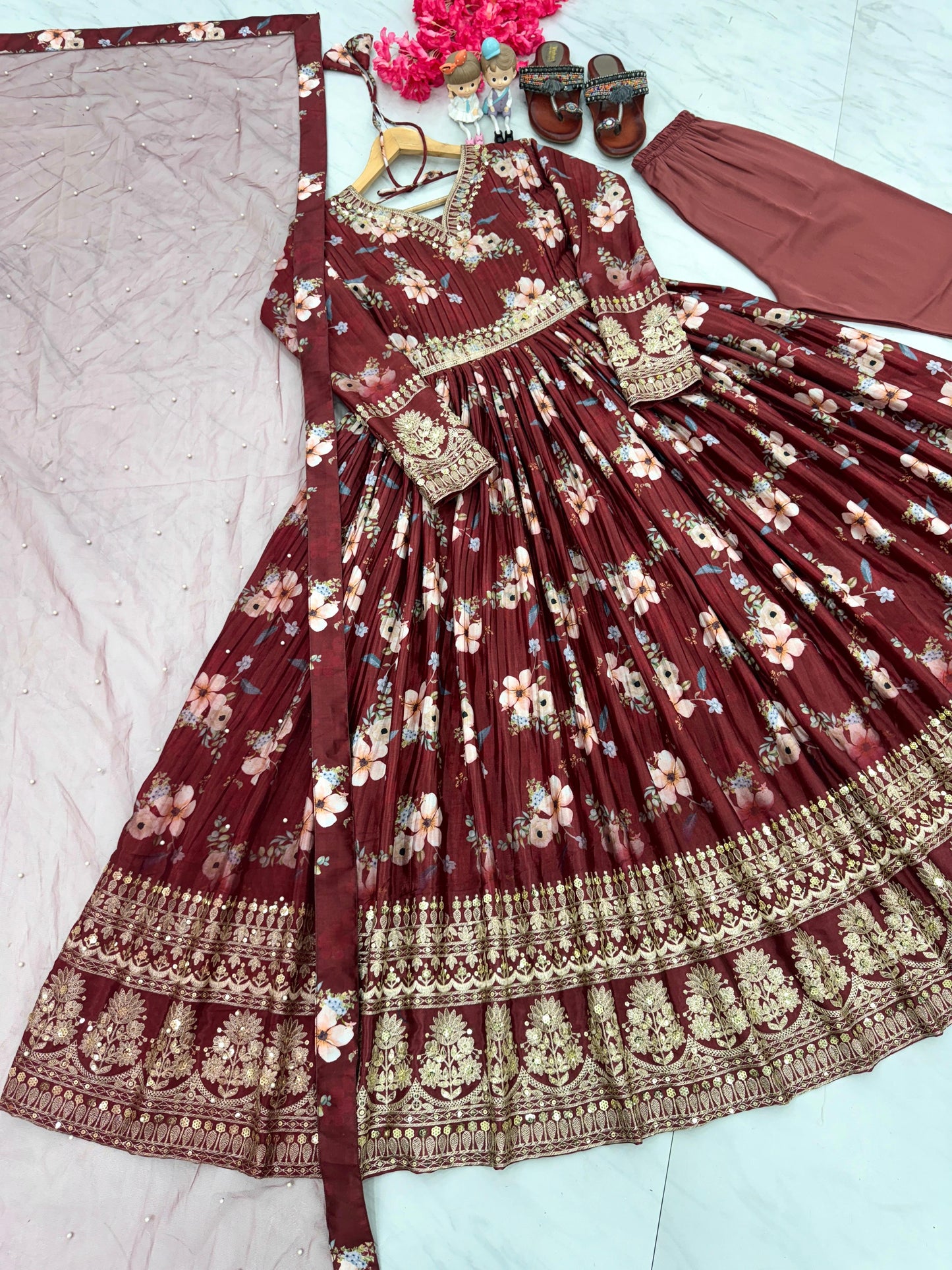 Lovely Floral Digital Printed Sequins Embroidered Crush Chinon Silk Suit - Ethnicwish