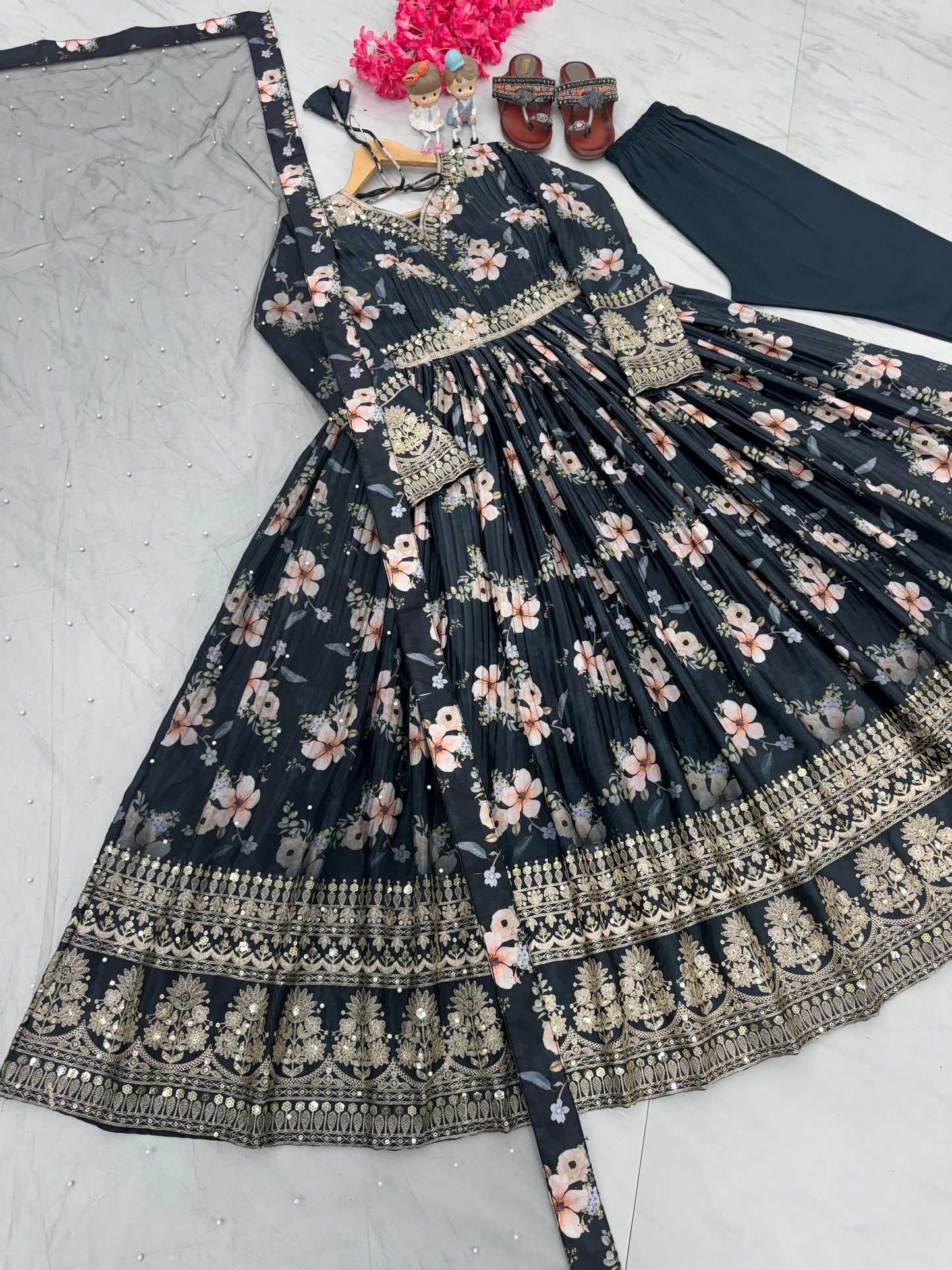 Lovely Floral Digital Printed Sequins Embroidered Crush Chinon Silk Suit - Ethnicwish
