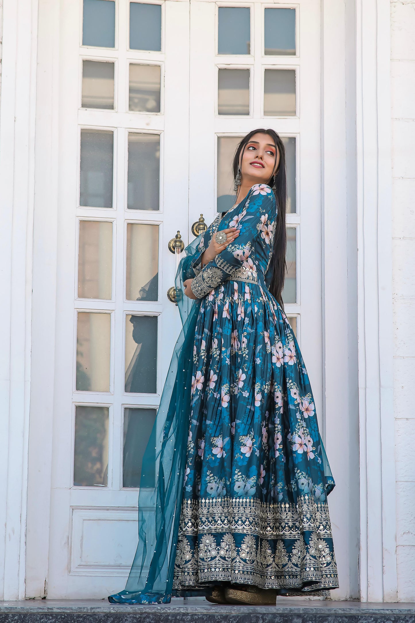 Lovely Floral Digital Printed Sequins Embroidered Crush Chinon Silk Suit - Ethnicwish