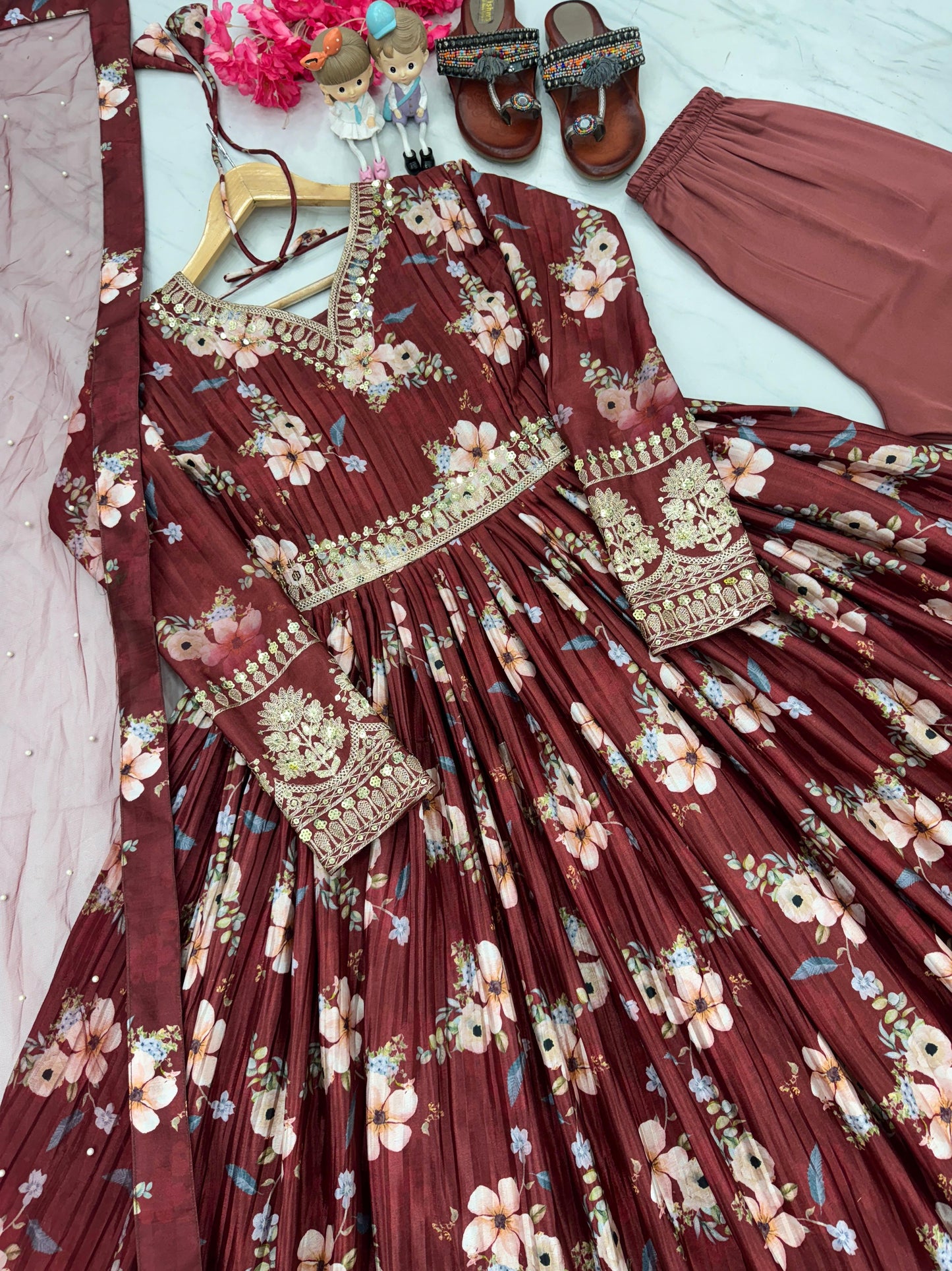 Lovely Floral Digital Printed Sequins Embroidered Crush Chinon Silk Suit - Ethnicwish