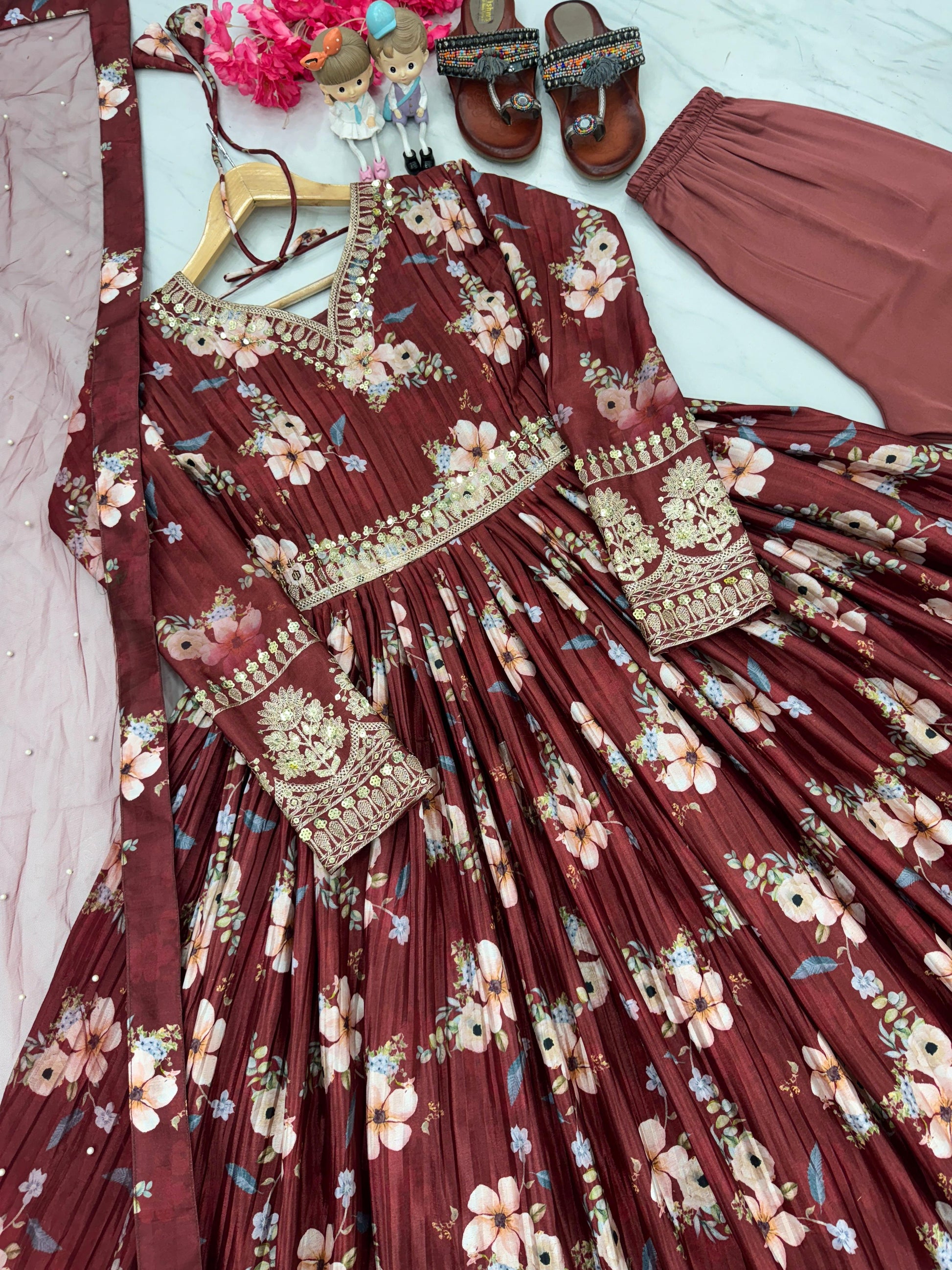 Lovely Floral Digital Printed Sequins Embroidered Crush Chinon Silk Suit - Ethnicwish