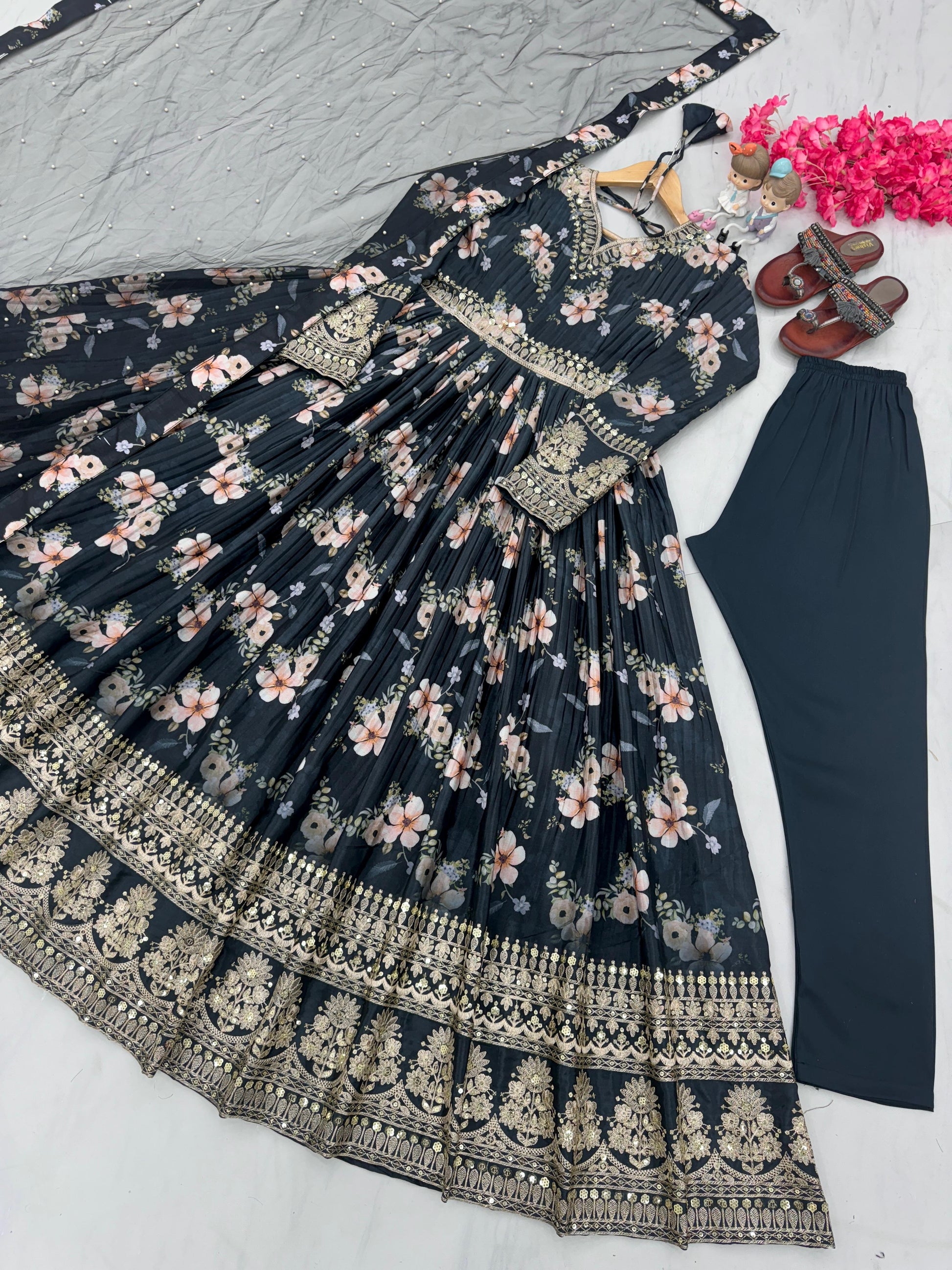 Lovely Floral Digital Printed Sequins Embroidered Crush Chinon Silk Suit - Ethnicwish