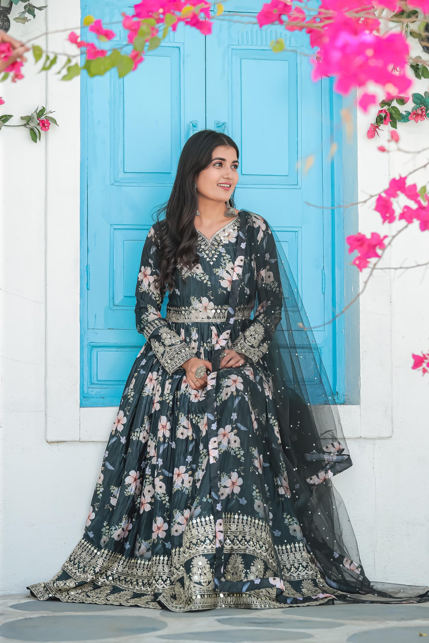 Lovely Floral Digital Printed Sequins Embroidered Crush Chinon Silk Suit - Ethnicwish