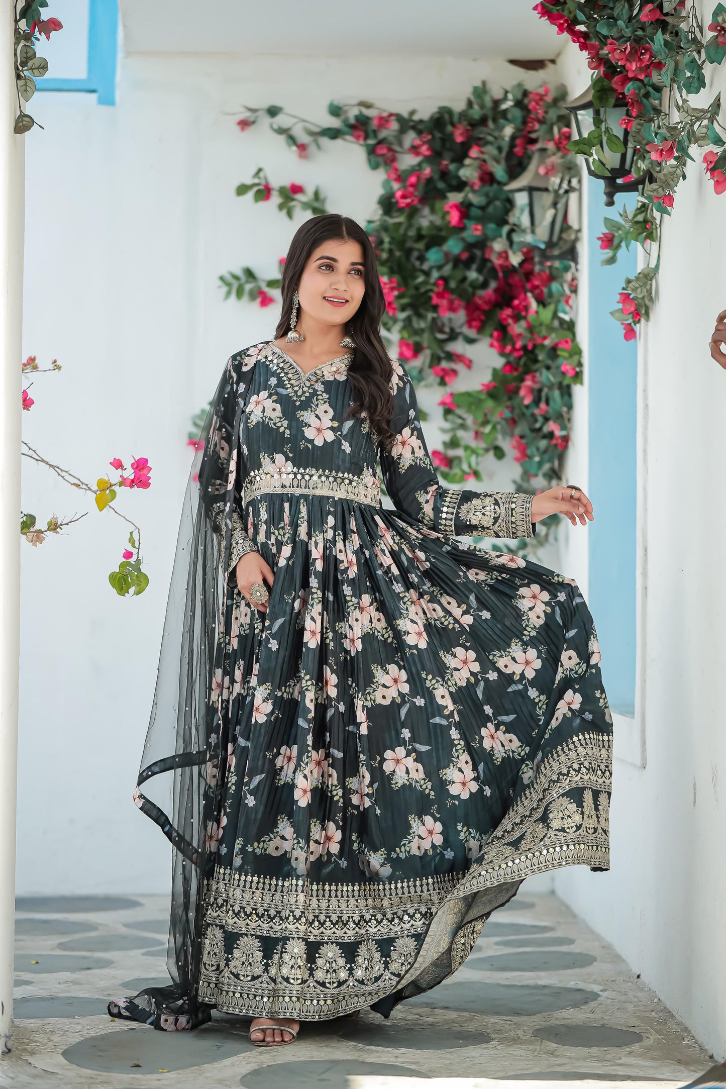 Lovely Floral Digital Printed Sequins Embroidered Crush Chinon Silk Suit - Ethnicwish