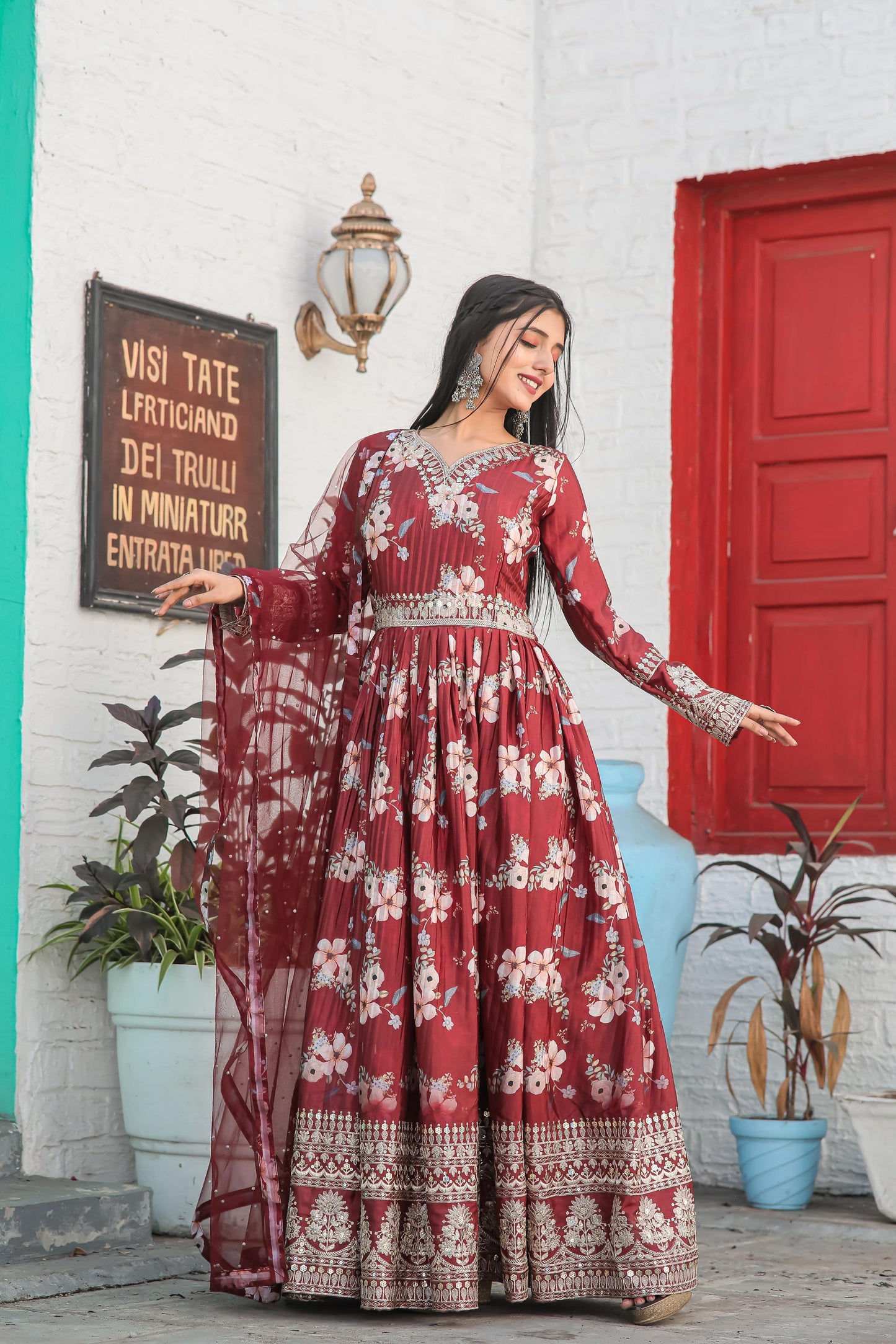 Lovely Floral Digital Printed Sequins Embroidered Crush Chinon Silk Suit - Ethnicwish