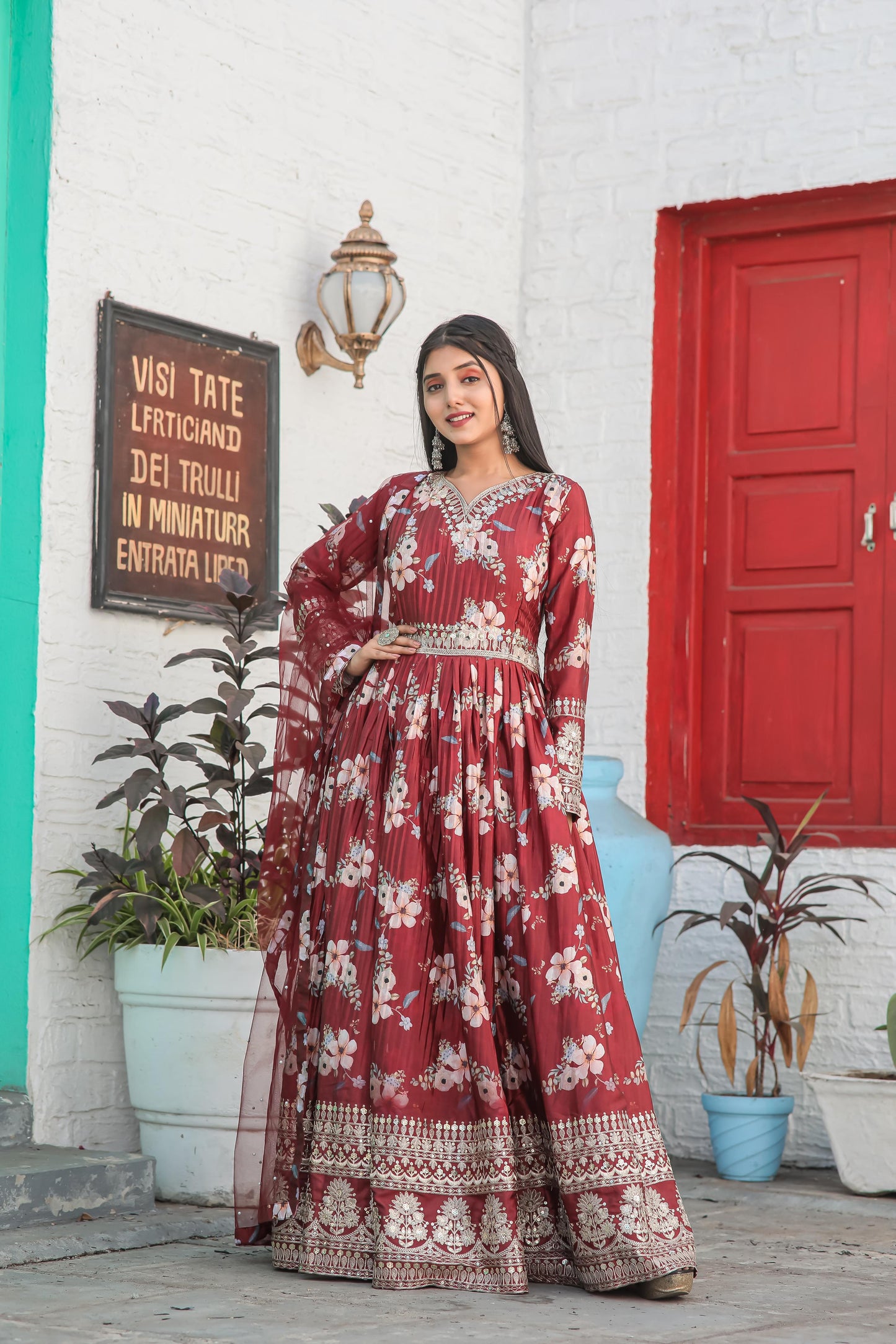 Lovely Floral Digital Printed Sequins Embroidered Crush Chinon Silk Suit - Ethnicwish