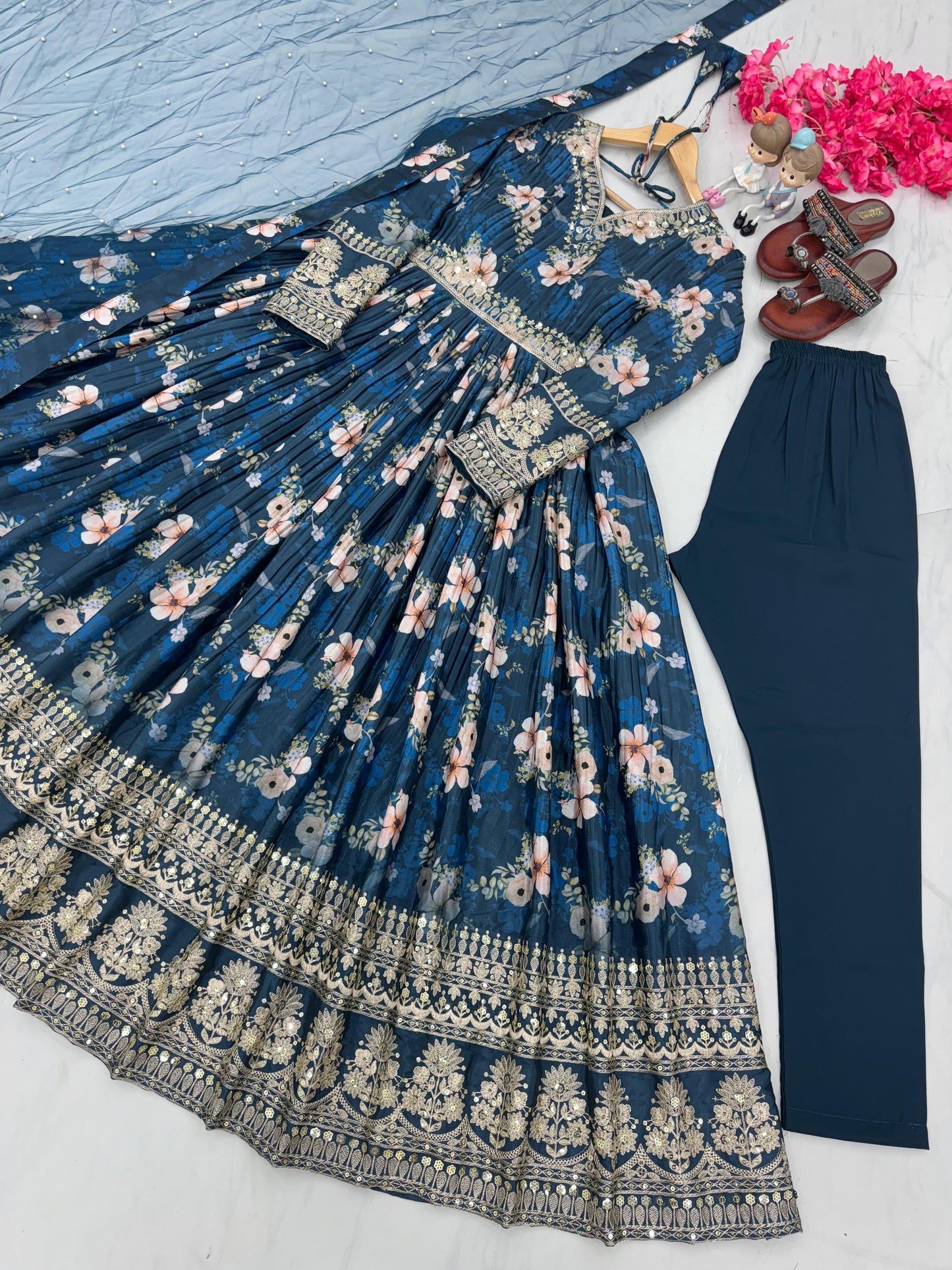 Lovely Floral Digital Printed Sequins Embroidered Crush Chinon Silk Suit - Ethnicwish