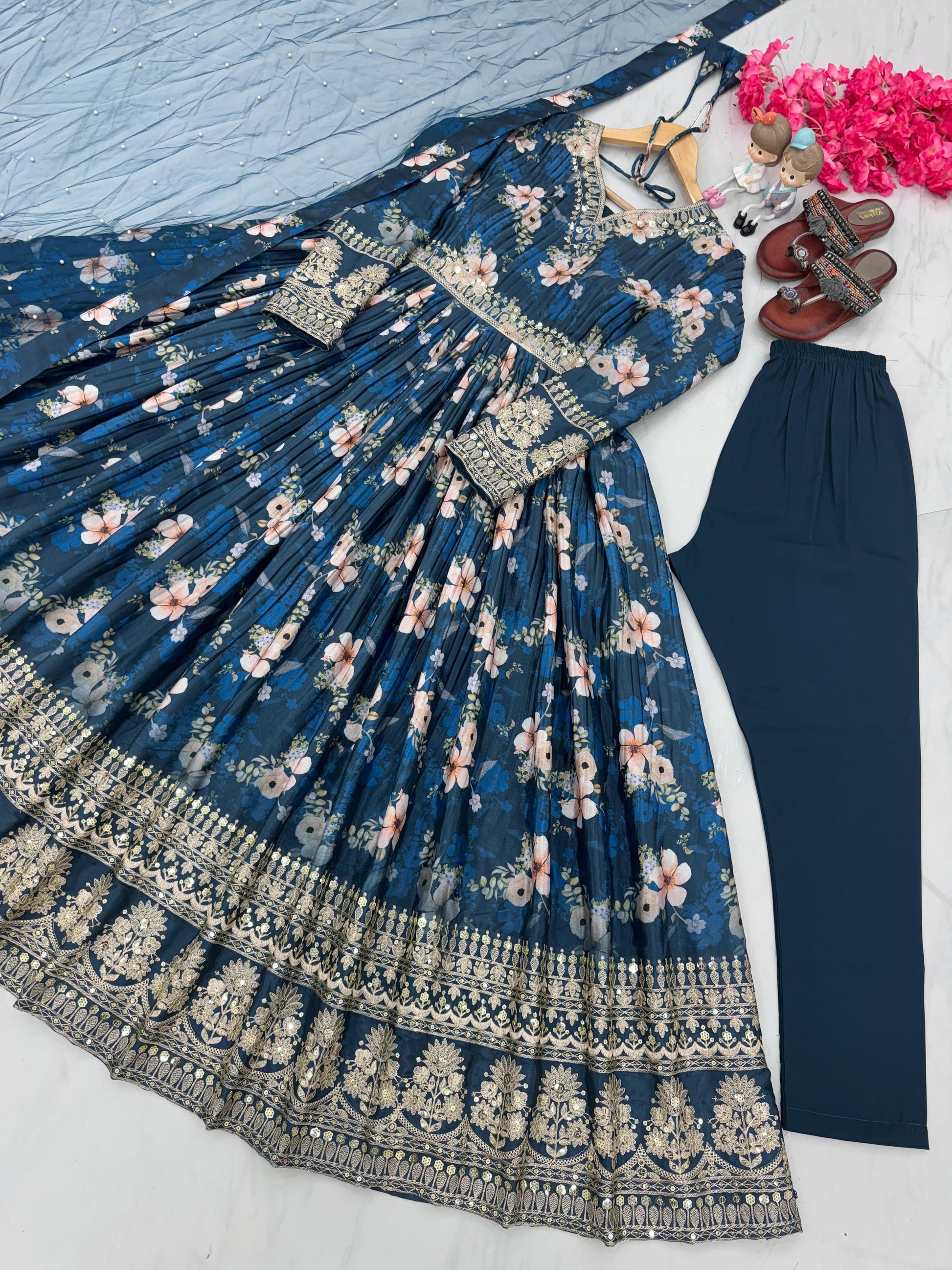 Lovely Floral Digital Printed Sequins Embroidered Crush Chinon Silk Suit - Ethnicwish