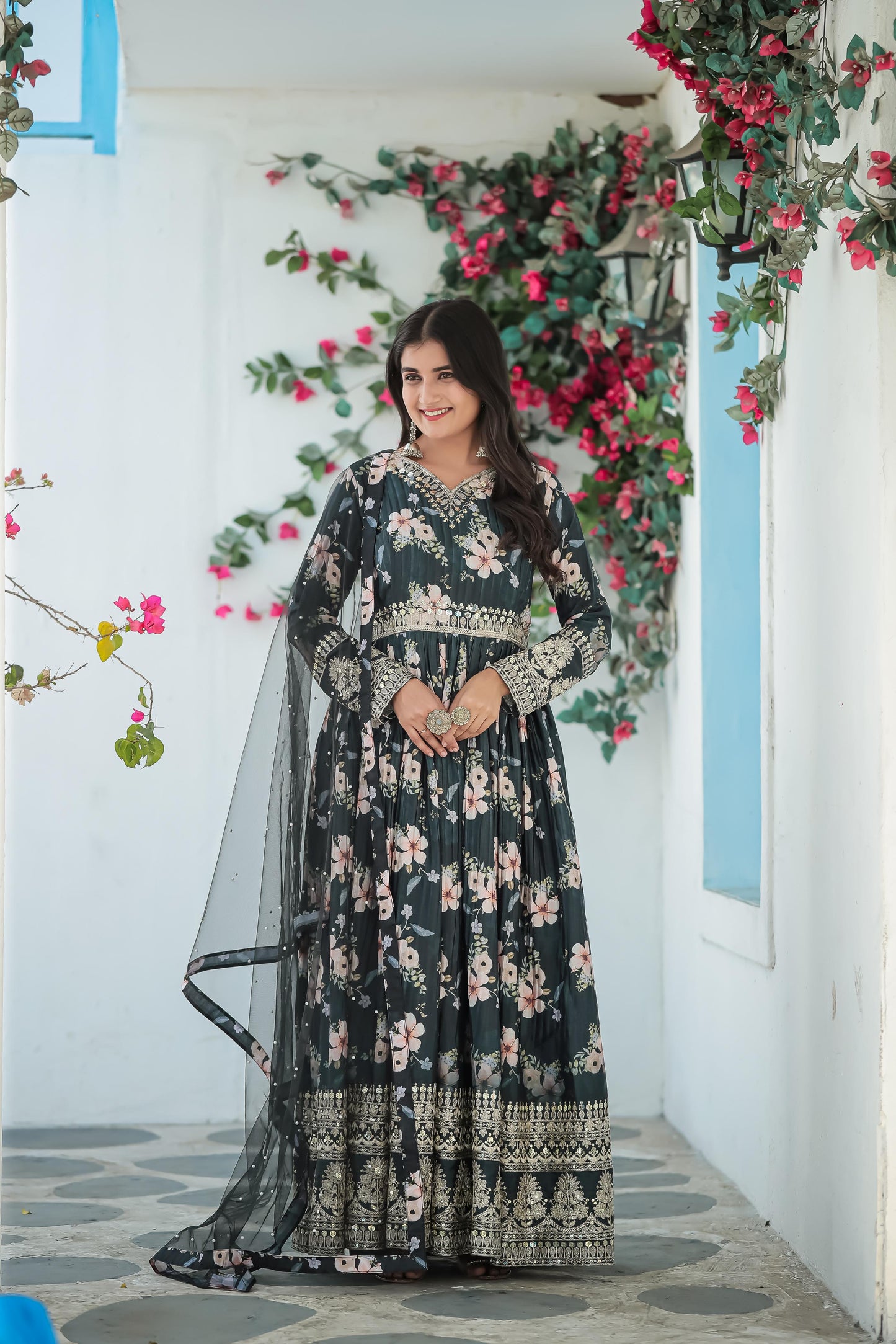 Lovely Floral Digital Printed Sequins Embroidered Crush Chinon Silk Suit - Ethnicwish
