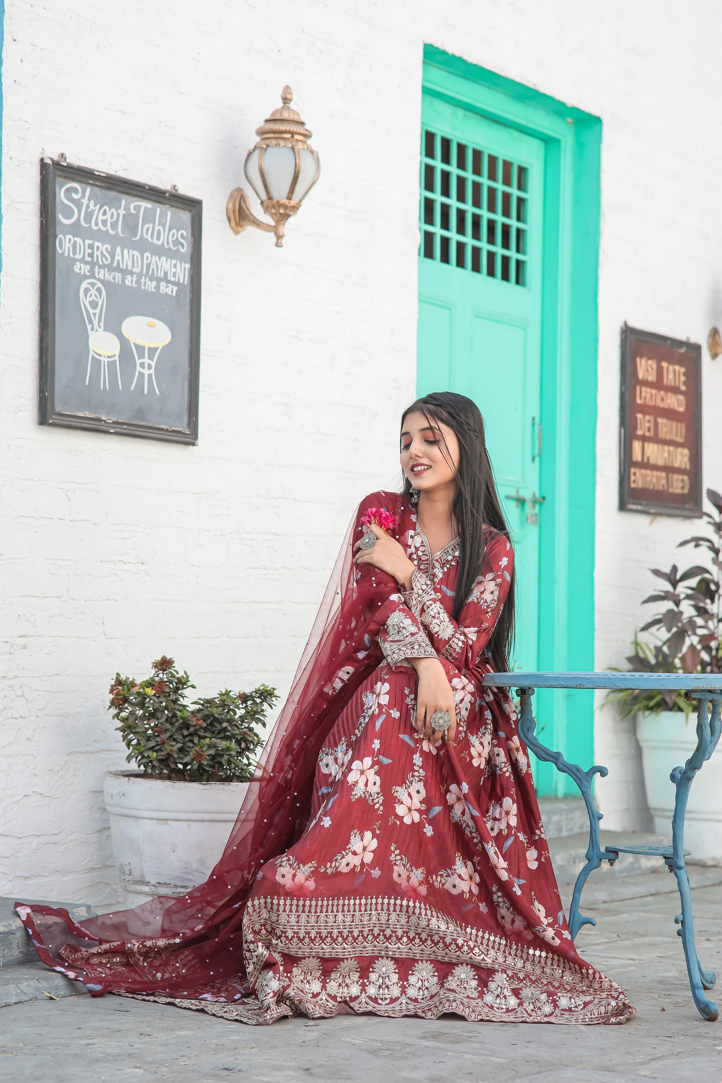 Lovely Floral Digital Printed Sequins Embroidered Crush Chinon Silk Suit - Ethnicwish
