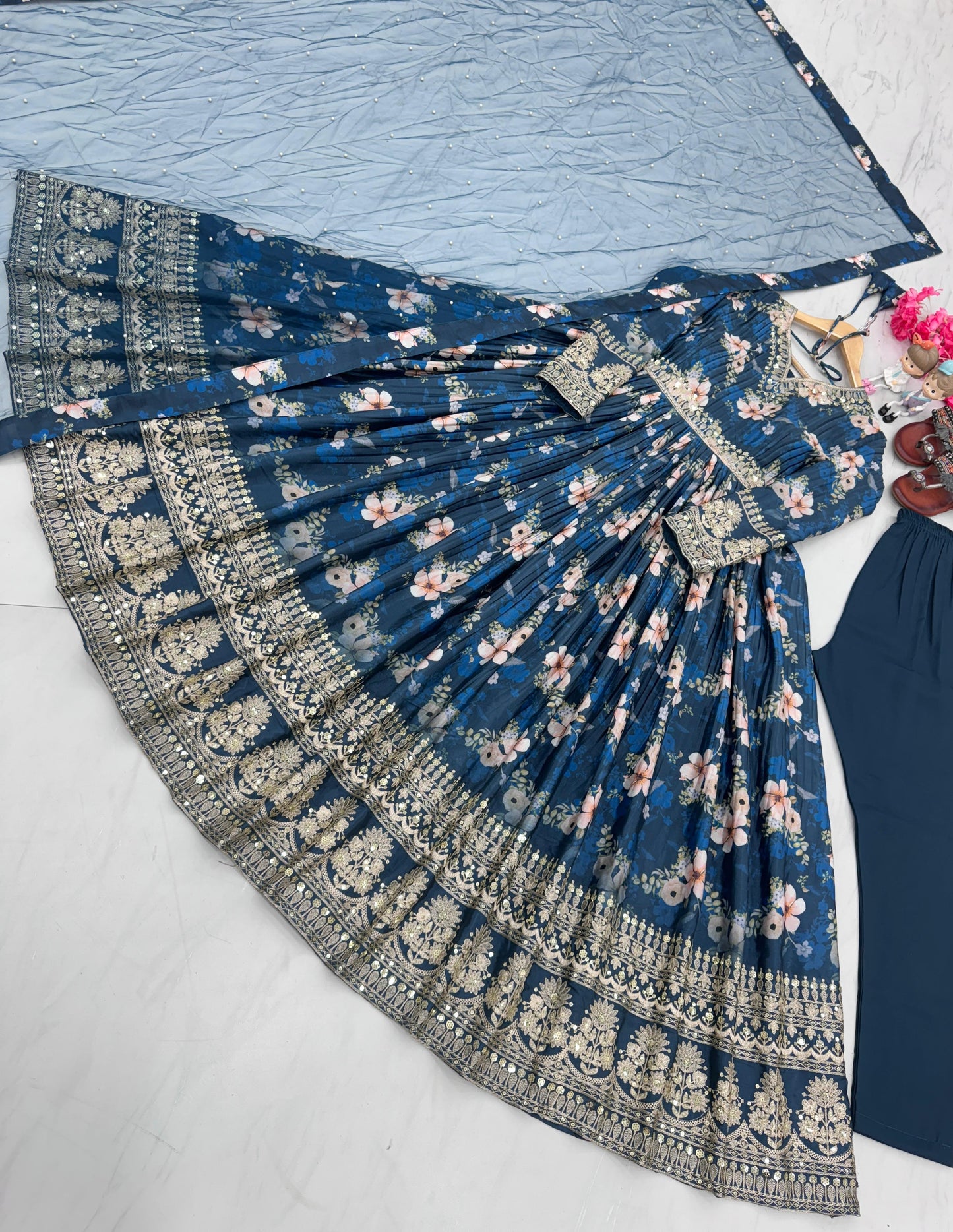 Lovely Floral Digital Printed Sequins Embroidered Crush Chinon Silk Suit - Ethnicwish