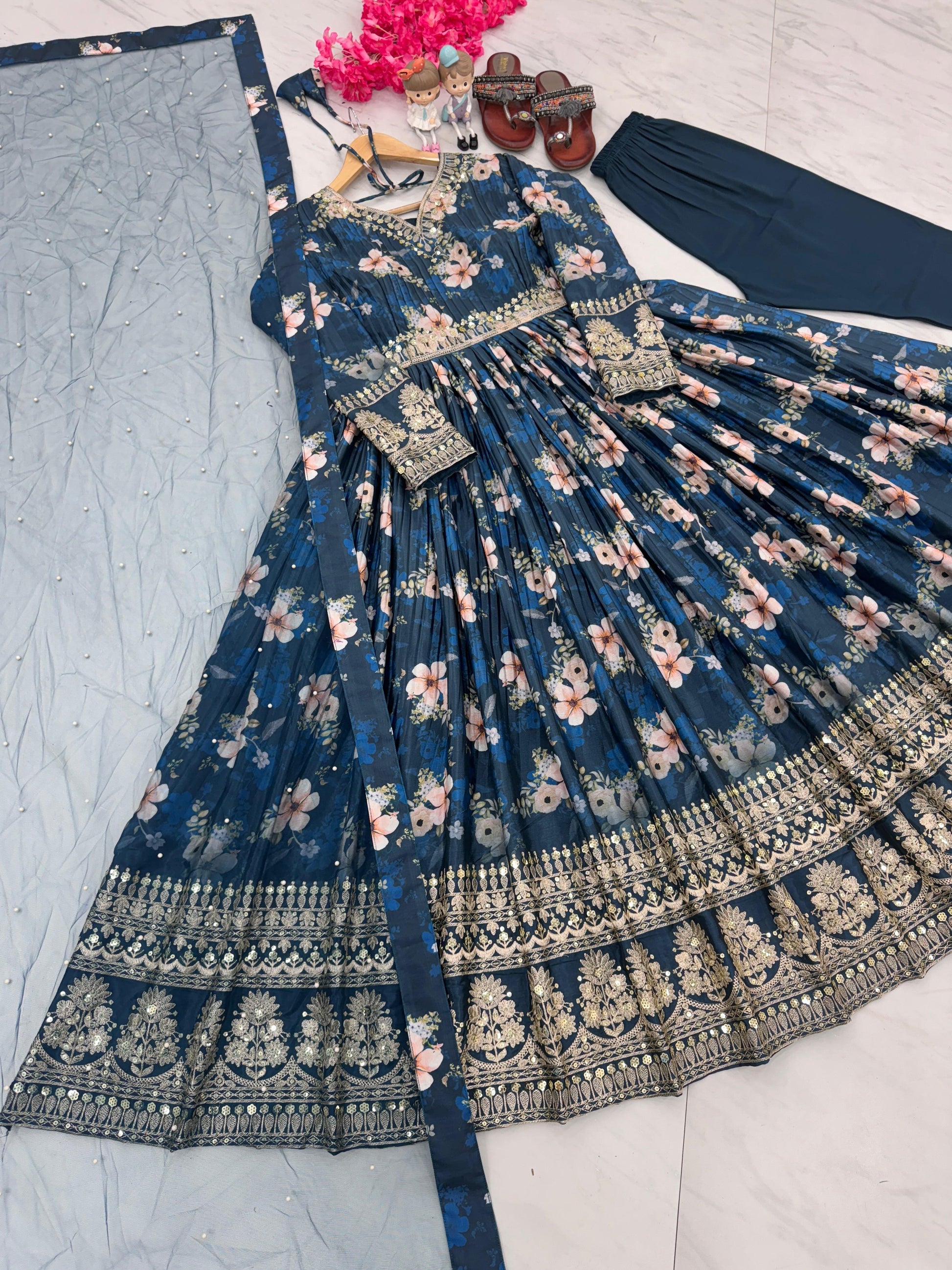 Lovely Floral Digital Printed Sequins Embroidered Crush Chinon Silk Suit - Ethnicwish