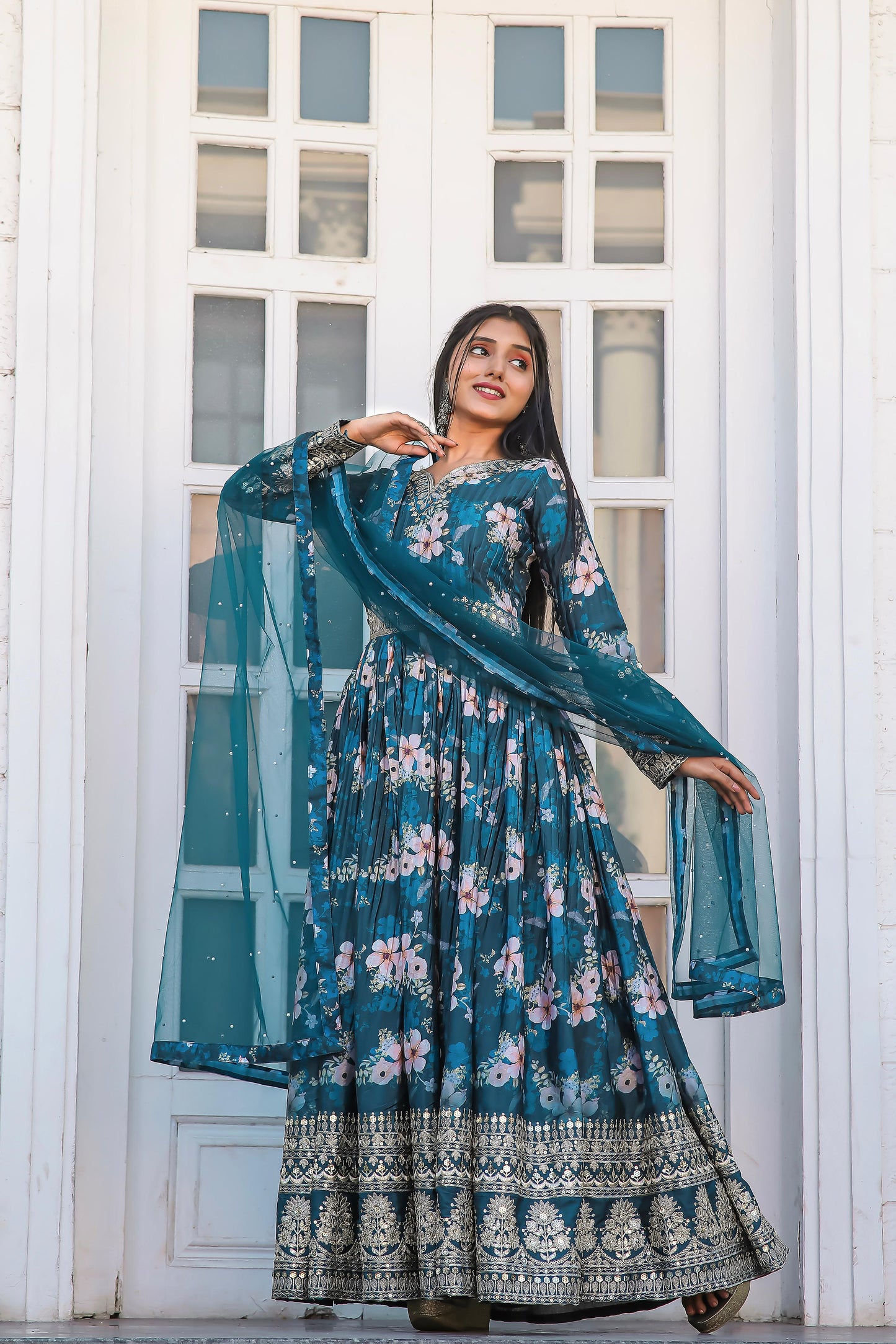 Lovely Floral Digital Printed Sequins Embroidered Crush Chinon Silk Suit - Ethnicwish
