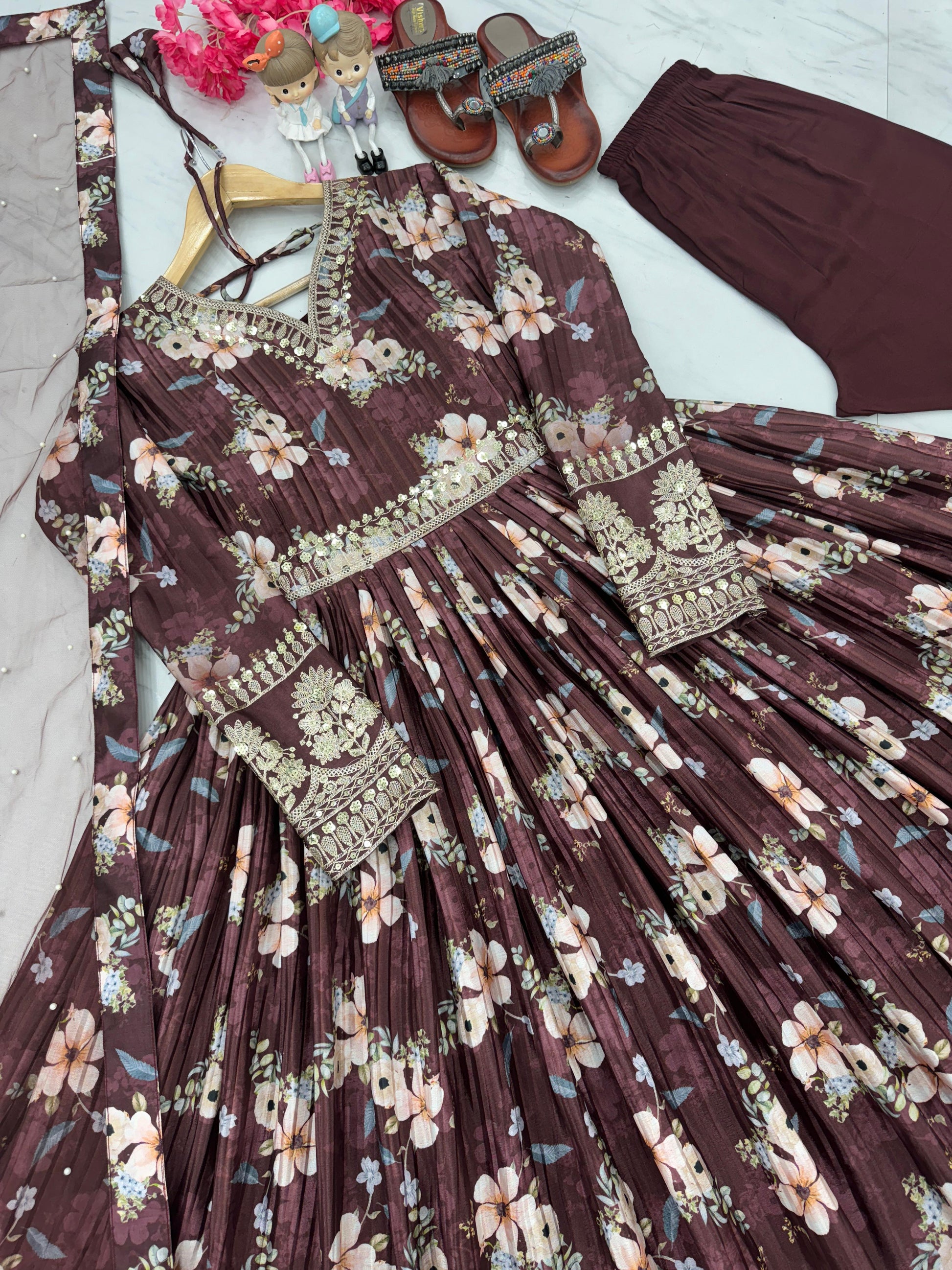 Lovely Floral Digital Printed Sequins Embroidered Crush Chinon Silk Suit - Ethnicwish