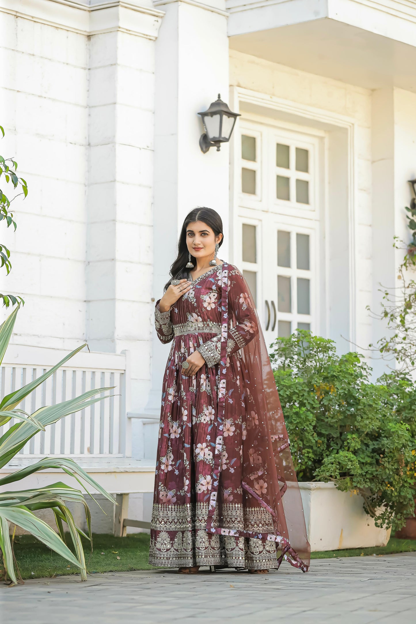 Lovely Floral Digital Printed Sequins Embroidered Crush Chinon Silk Suit - Ethnicwish