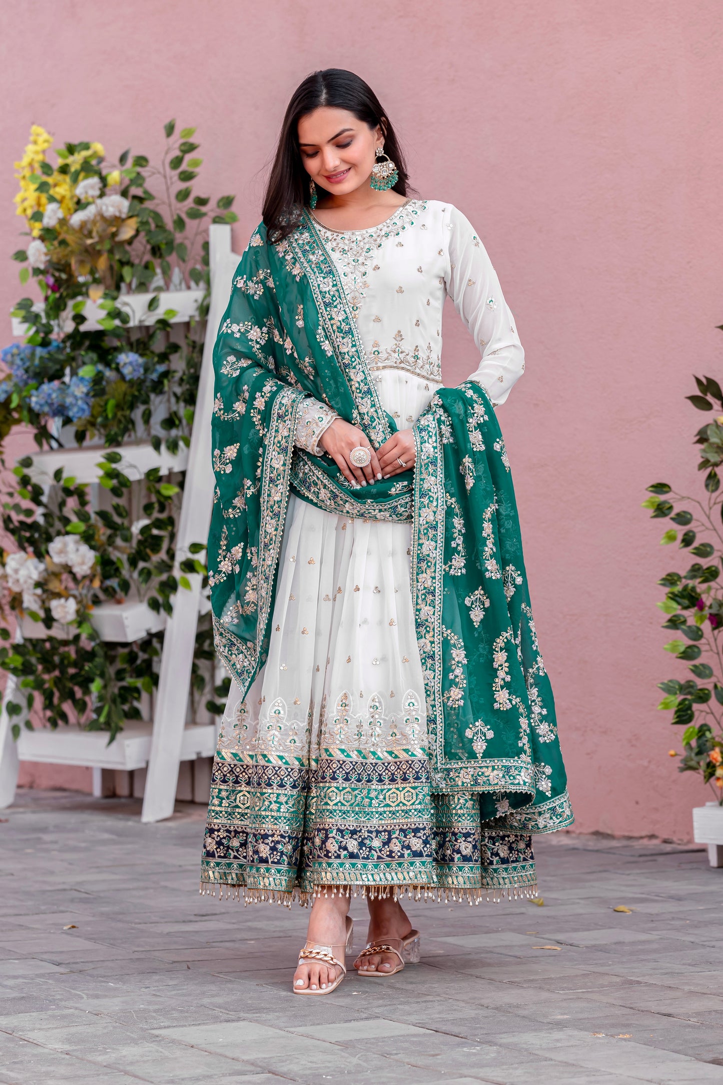 Elegant Embroidered Faux Georgette Gown Set – A Blend of Grace & Glamour