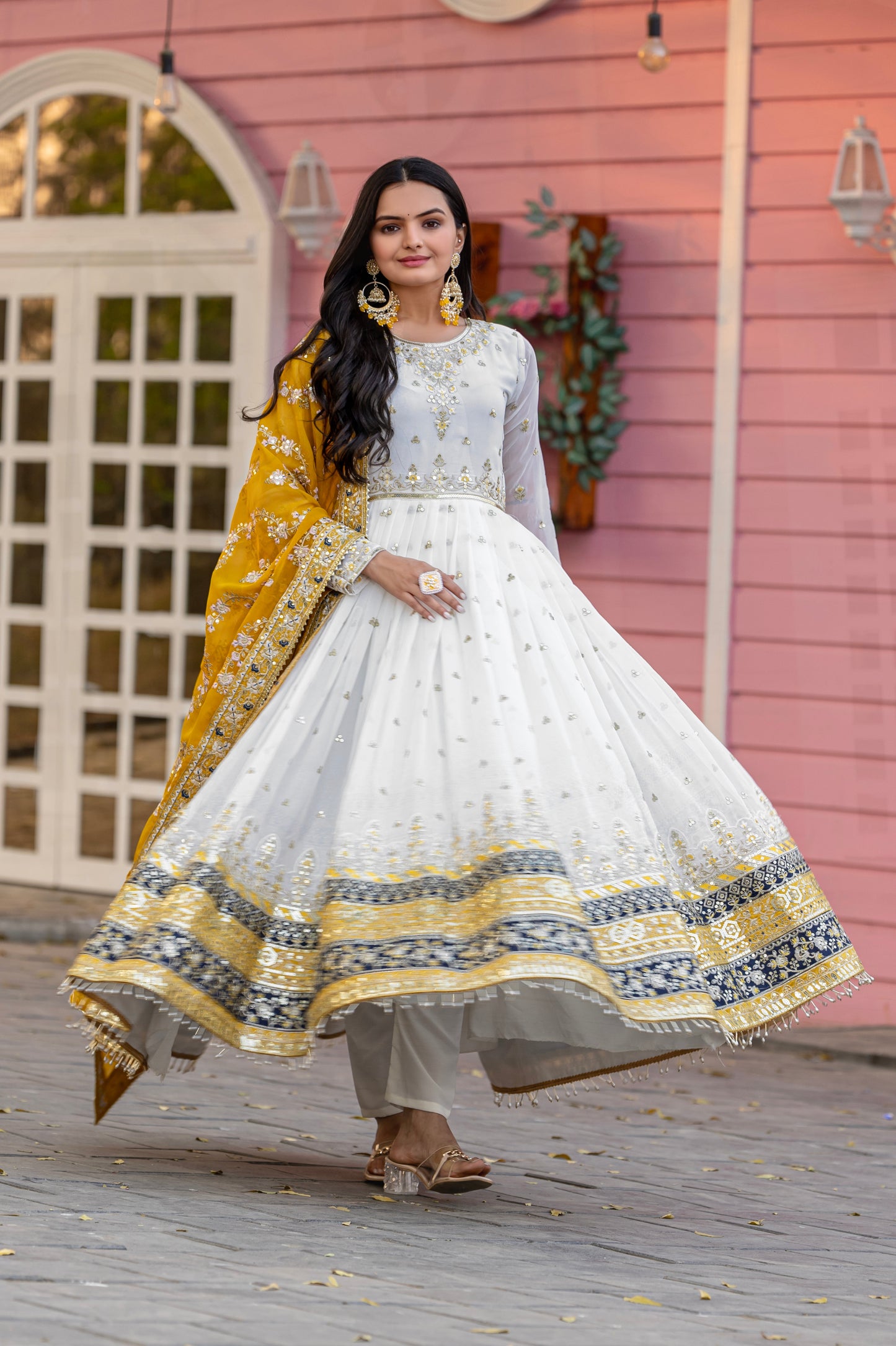Elegant Embroidered Faux Georgette Gown Set – A Blend of Grace & Glamour